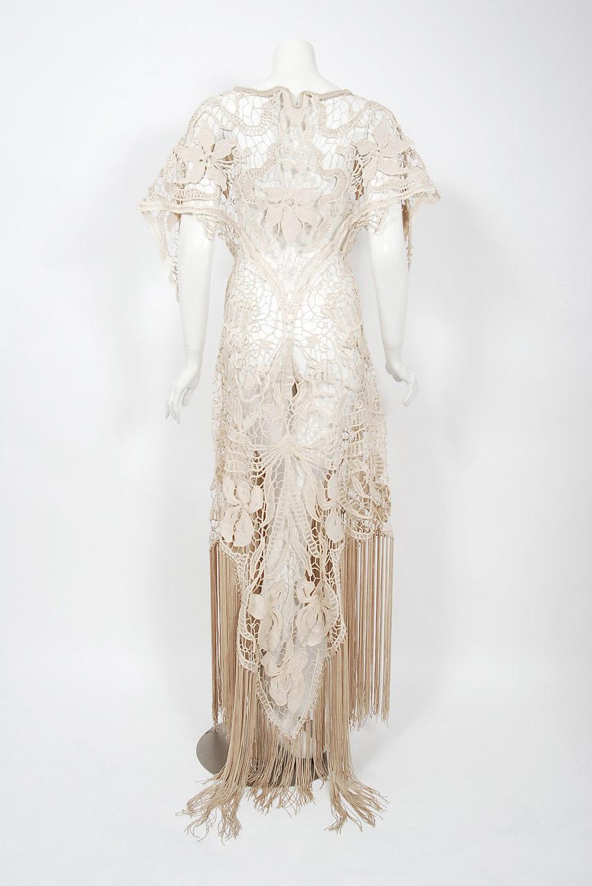 Women's Vintage 1970's Couture Beige Lace Winged Sleeve Bias-Cut Fringe Bridal Gown