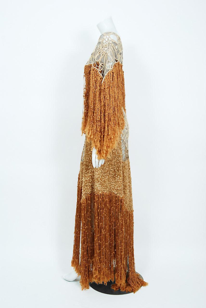 Women's Vintage 1970's Couture Copper Knit & Beige Lace Bias-Cut Fringe Bohemian Gown