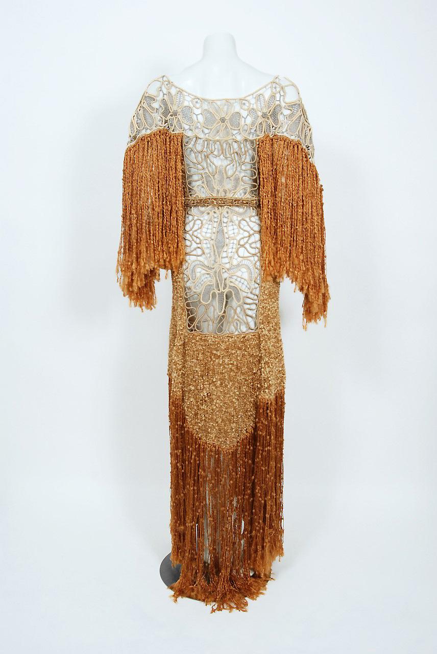 Vintage 1970's Couture Copper Knit & Beige Lace Bias-Cut Fringe Bohemian Gown 2