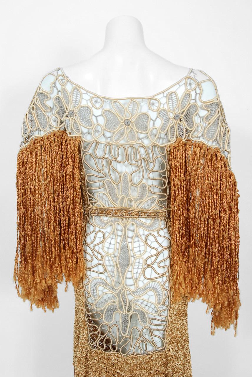Vintage 1970's Couture Copper Knit & Beige Lace Bias-Cut Fringe Bohemian Gown 3