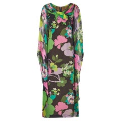 1970s Couture Floral Print Angel Sleeve Maxi Dress