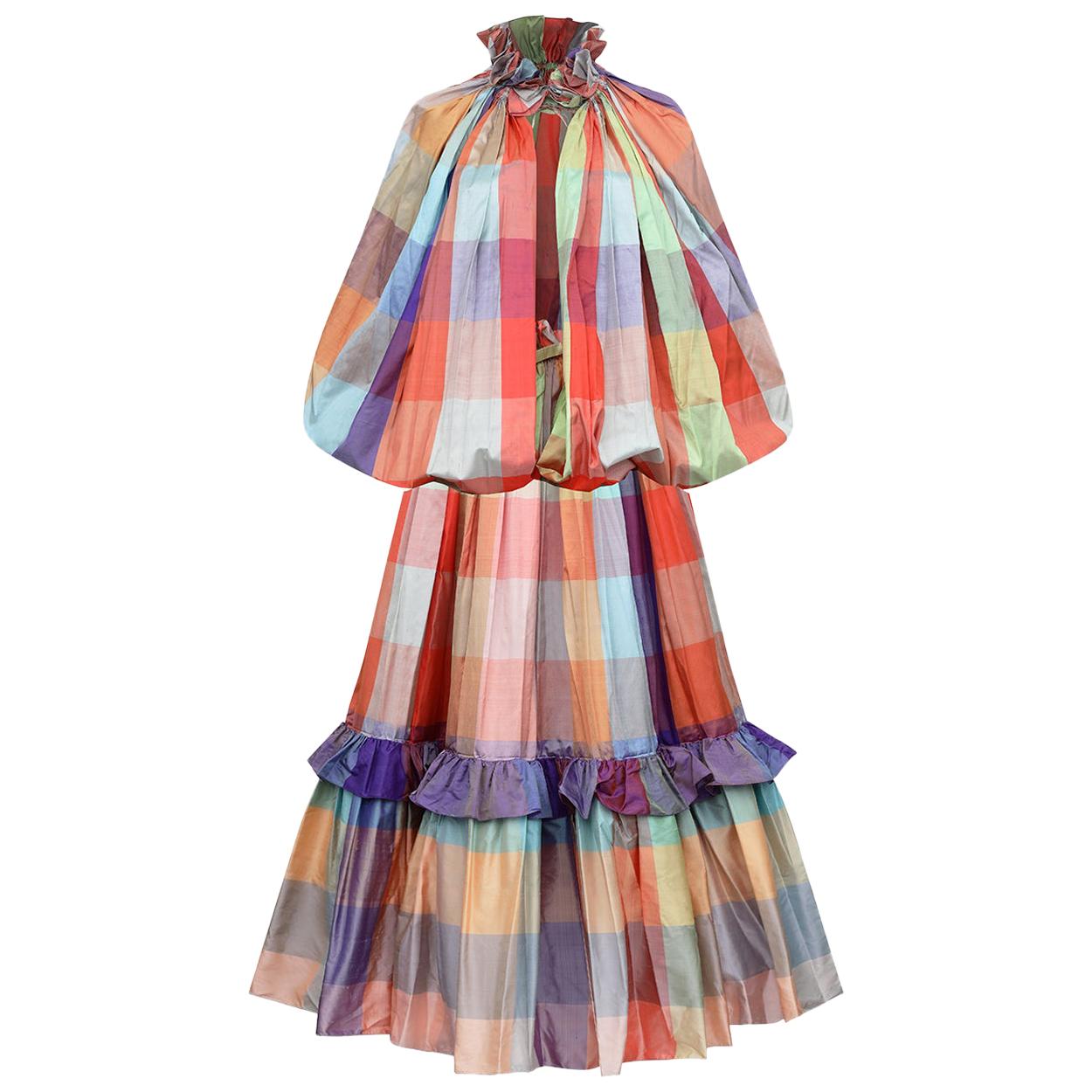 1970s Couture Silk Checked Skirt and Cape Ensemble For Sale