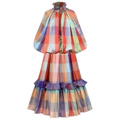Gonna e mantello a quadri in seta Couture degli anni '70