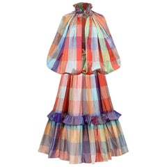 Retro 1970s Couture Silk Checked Skirt and Cape Ensemble