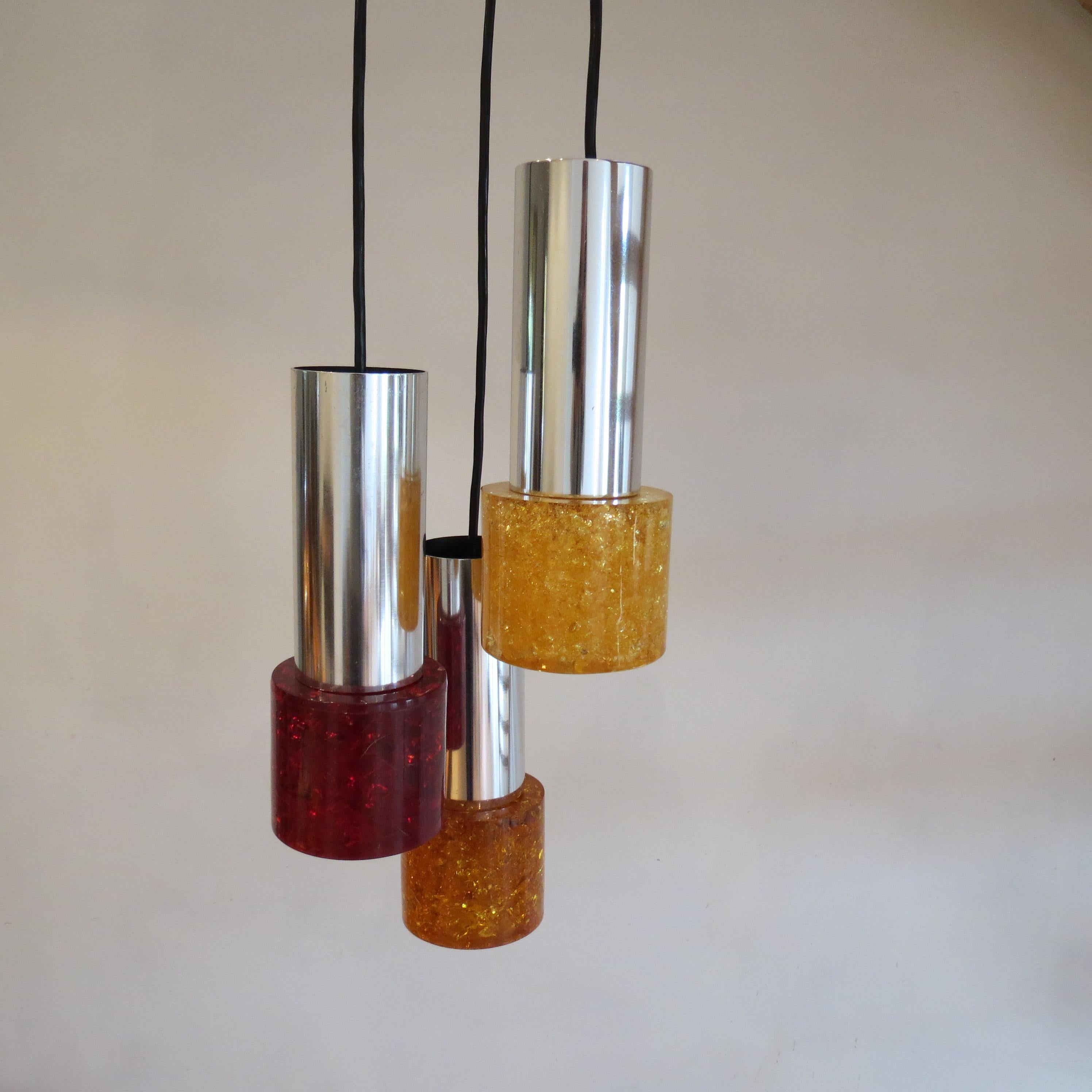 Mid-Century Modern 1970s Cracked Resin Ceiling Hanging Pendant Light Chrome and Shatterline