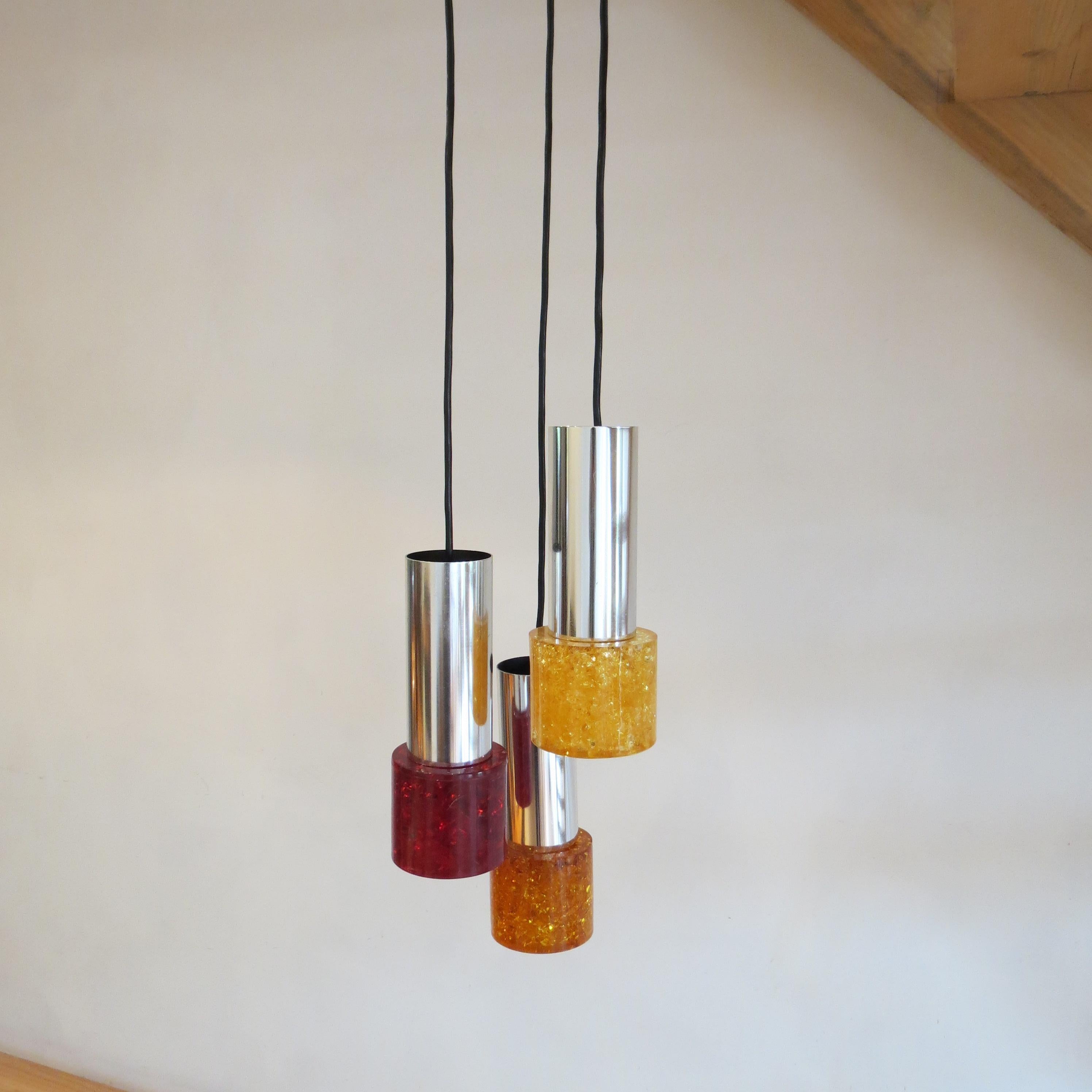 Machine-Made 1970s Cracked Resin Ceiling Hanging Pendant Light Chrome and Shatterline
