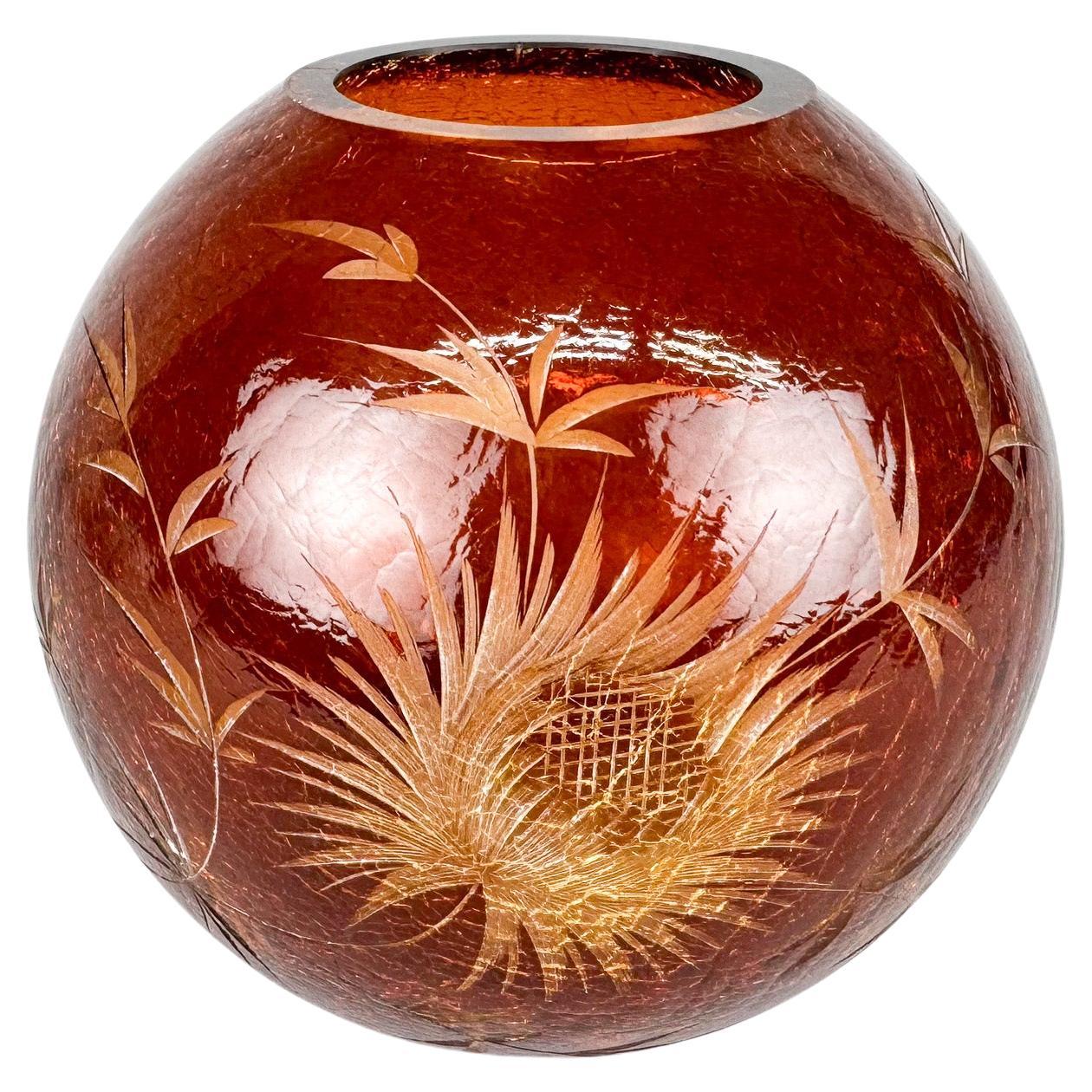1970's Crackle and Hand Cut Glass Vase, Czecholovakia For Sale