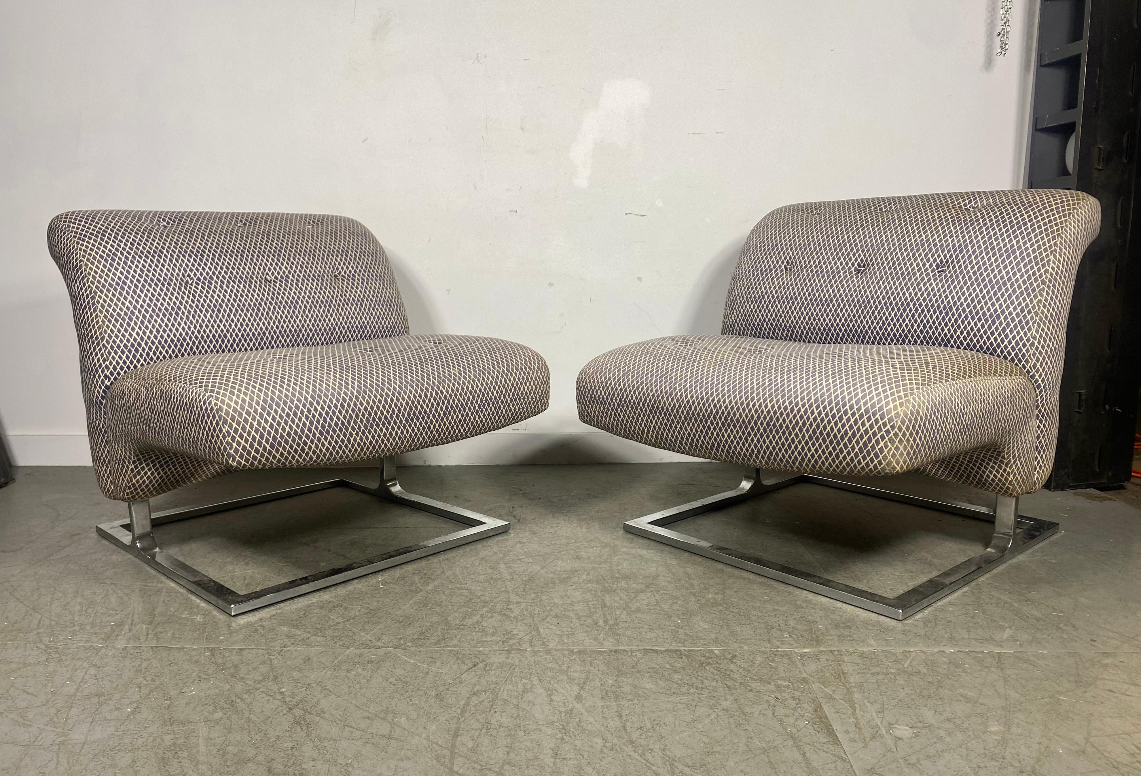 Fabric 1970s Craft Associates Wave Style Lounge Chairs , chrome base Adrian Pearsall For Sale