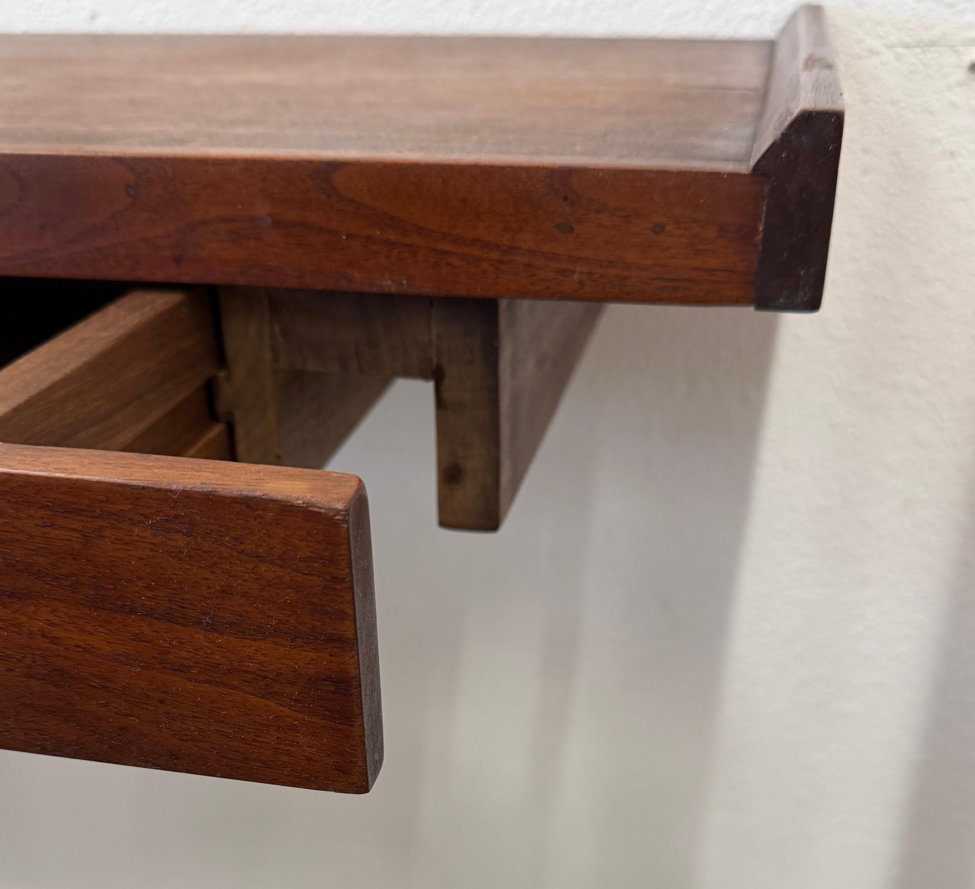 1970’s Craft Made Walnut Mirror and Wall Shelf with Drawer For Sale 8