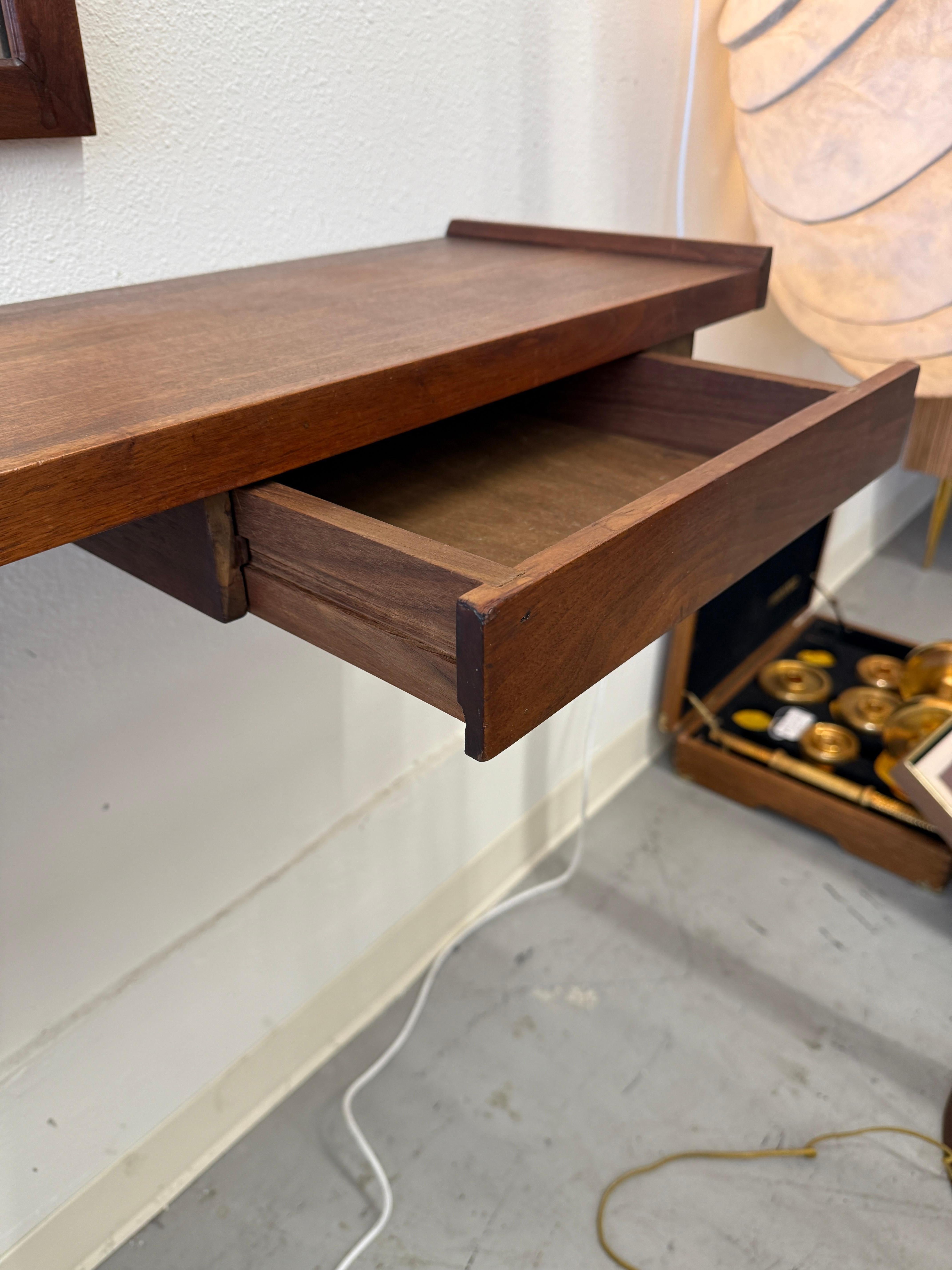 1970’s Craft Made Walnut Mirror and Wall Shelf with Drawer For Sale 10