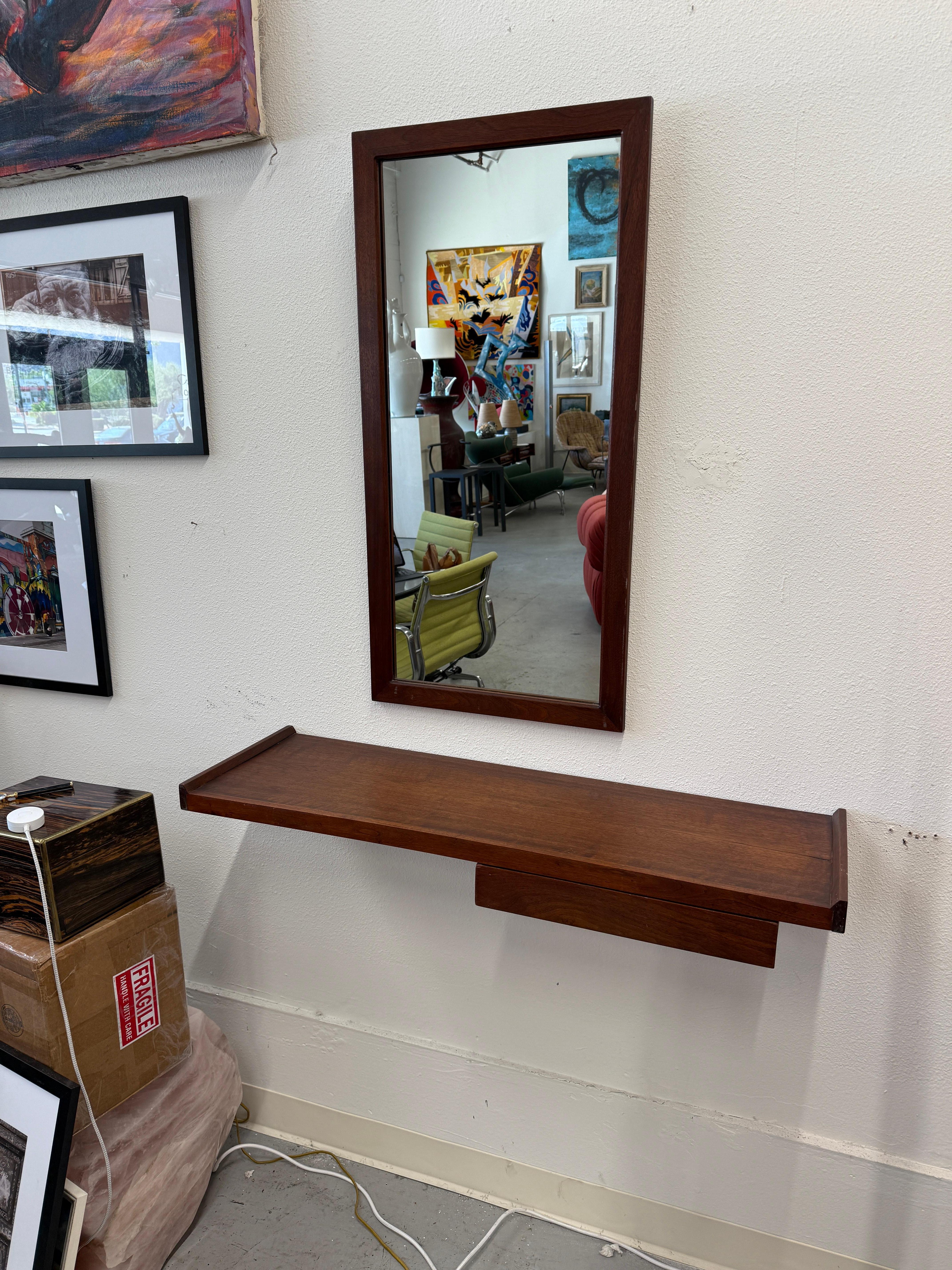 1970’s Craft Made Walnut Mirror and Wall Shelf with Drawer For Sale 12