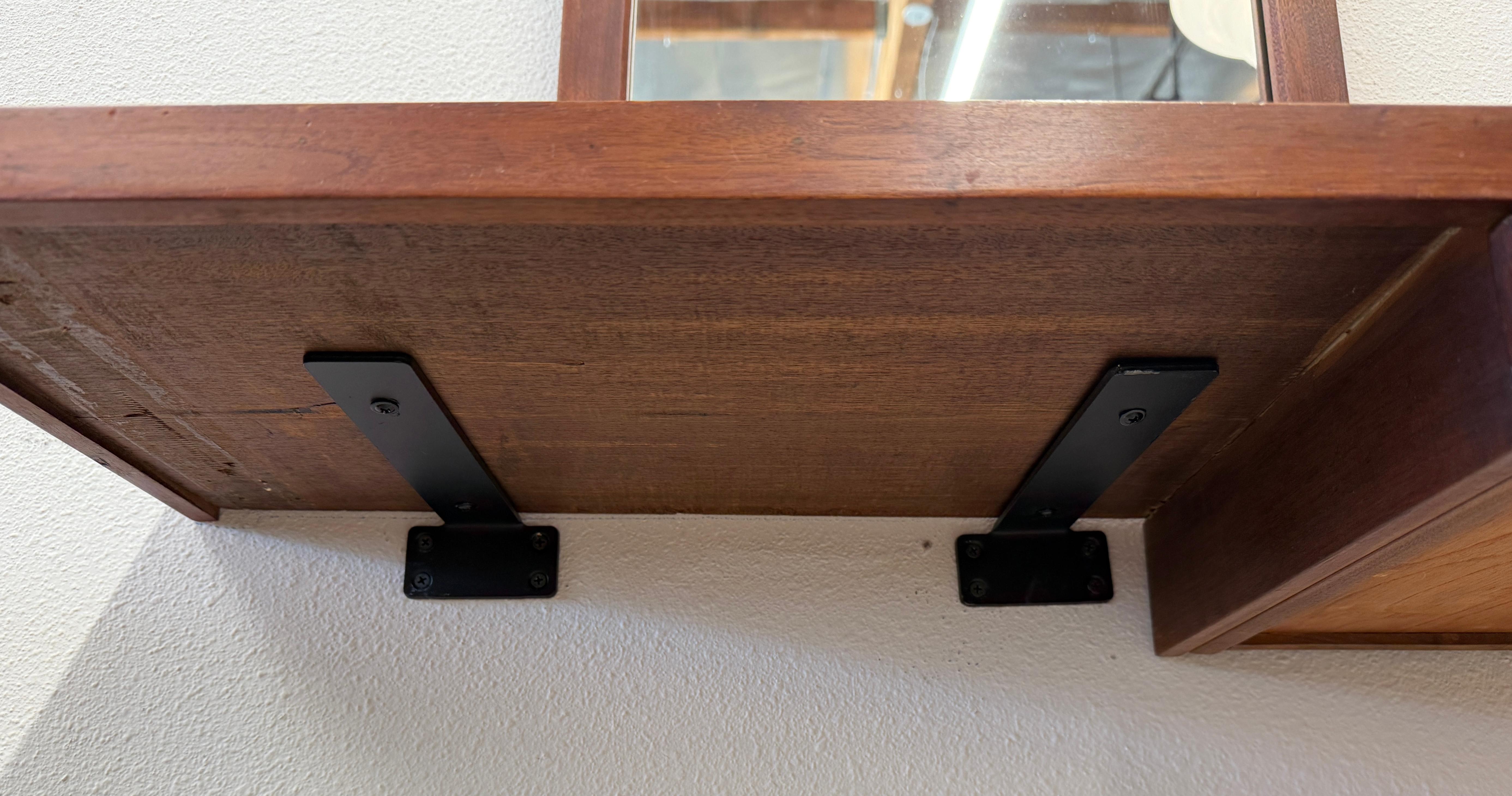 1970’s Craft Made Walnut Mirror and Wall Shelf with Drawer For Sale 14