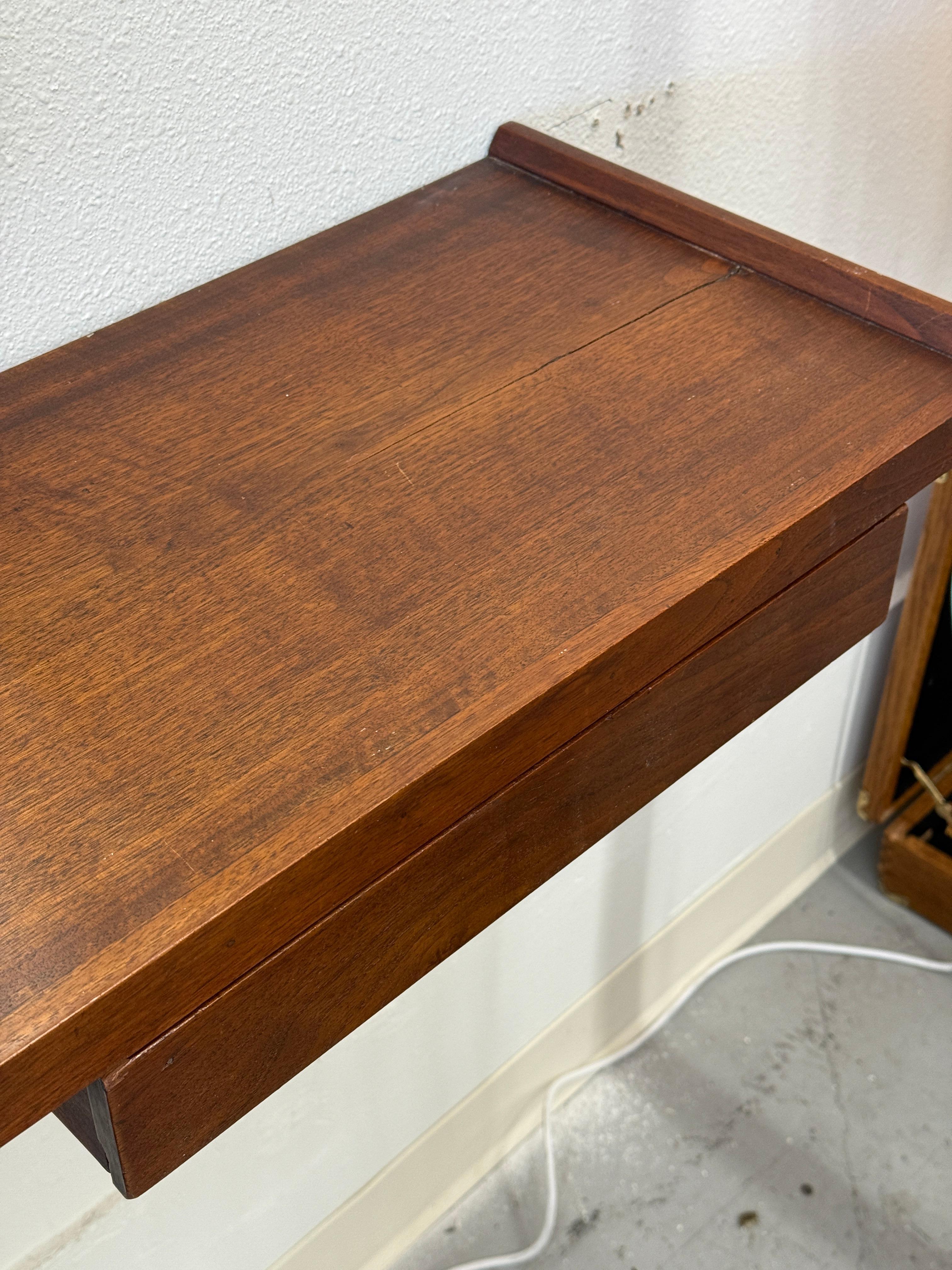 1970’s Craft Made Walnut Mirror and Wall Shelf with Drawer In Good Condition For Sale In Palm Springs, CA