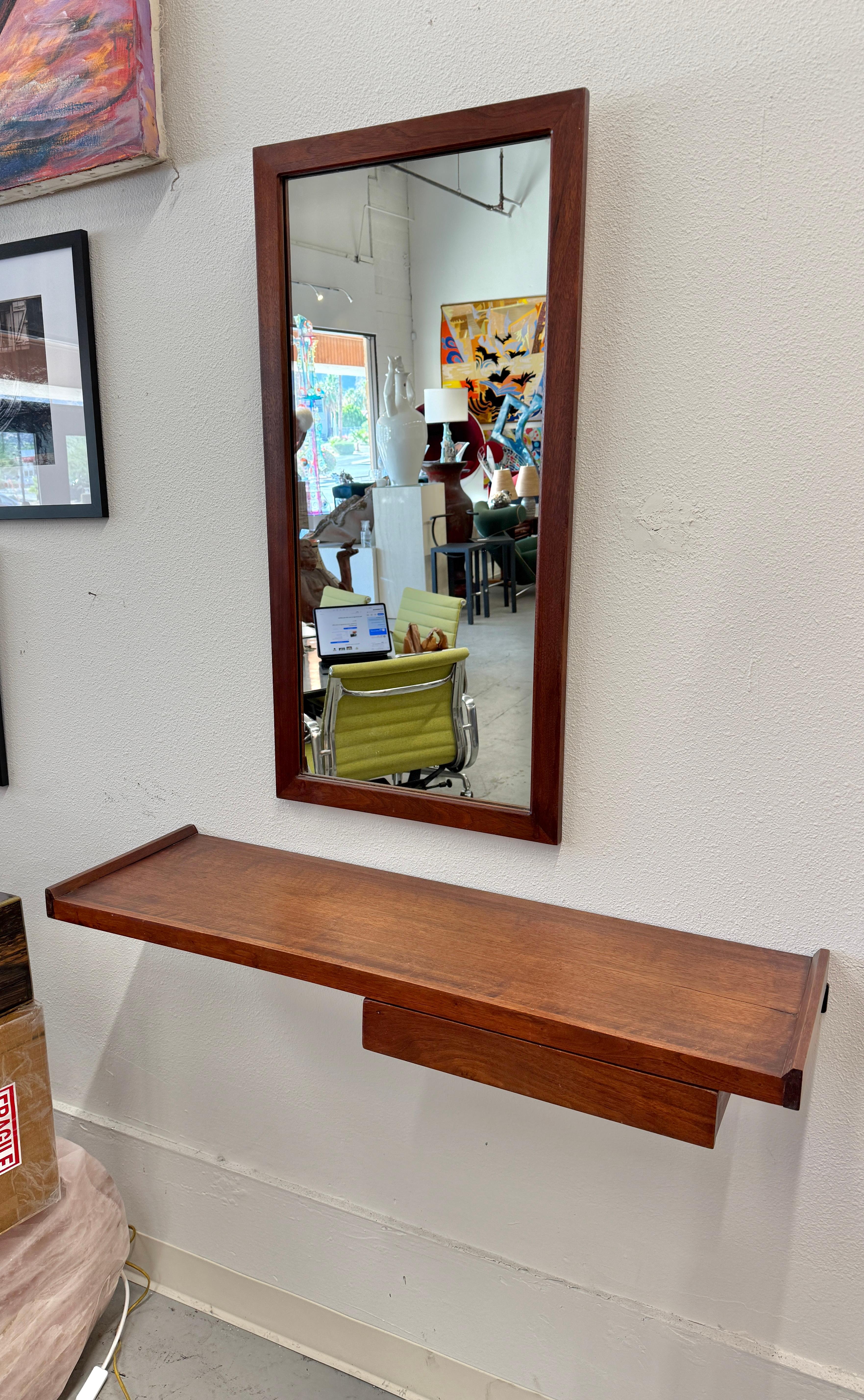 Late 20th Century 1970’s Craft Made Walnut Mirror and Wall Shelf with Drawer For Sale