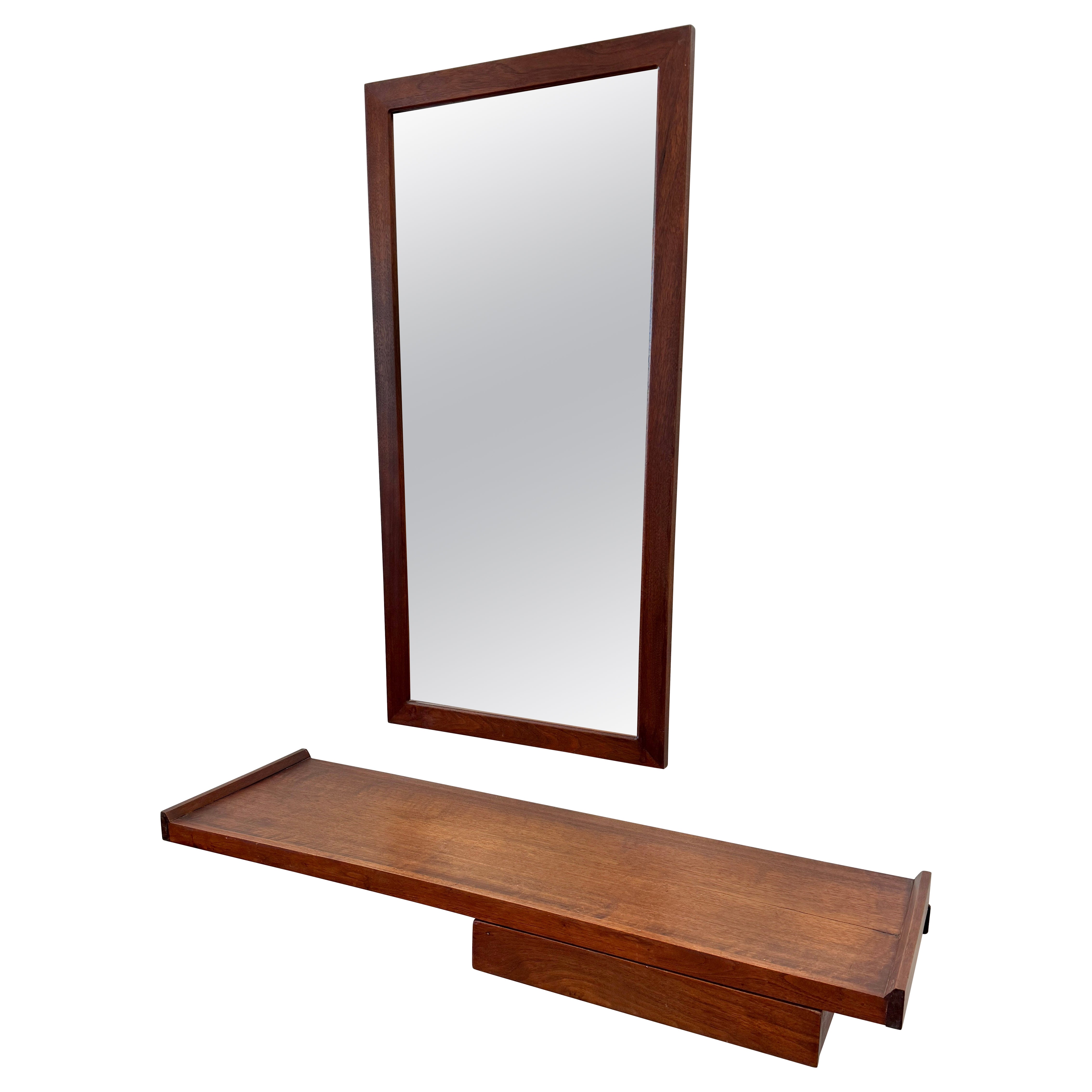 1970’s Craft Made Walnut Mirror and Wall Shelf with Drawer For Sale