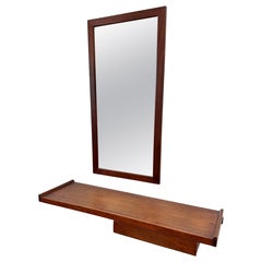 1970’s Craft Made Walnut Mirror and Wall Shelf with Drawer