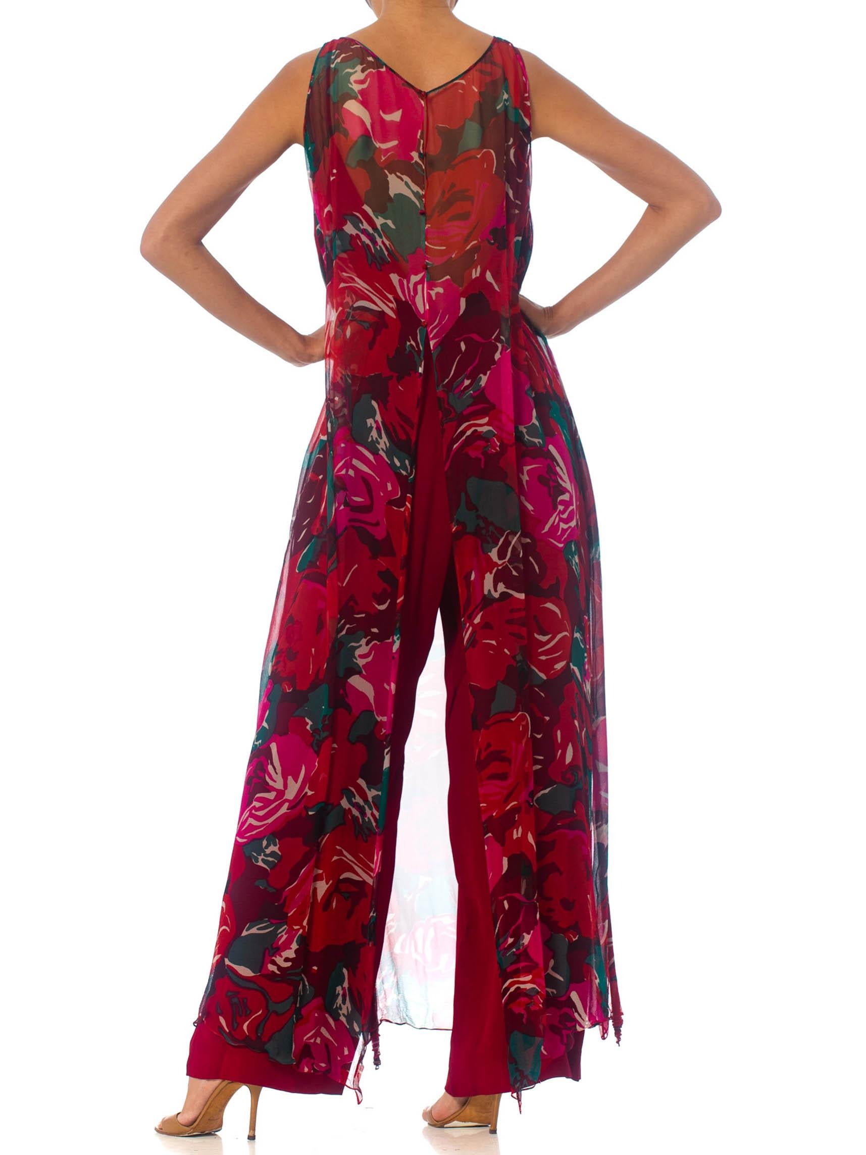 1970S Cranberry Red Rayon Jumpsuit With Floral Silk Chiffon Duster Overlayer In Excellent Condition For Sale In New York, NY