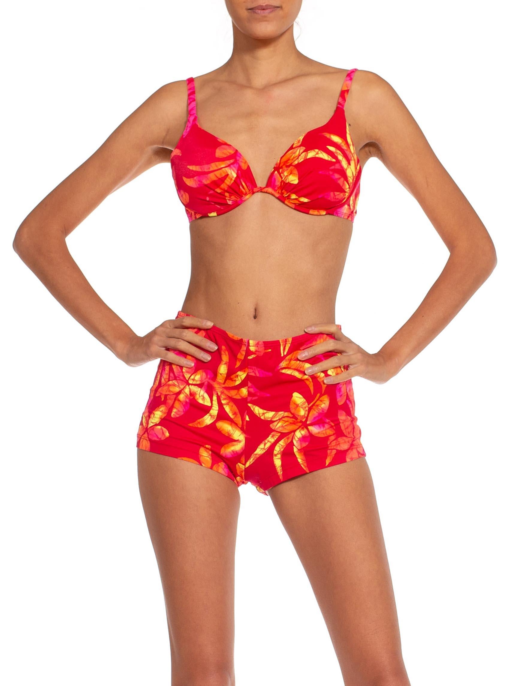 Orange 1970S Cranberry Red Tiki Tropical Poly/Lycra Bikini Swimsuit For Sale