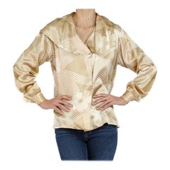Creme & Ecru Bluse mit Blumen-/Geometrischem Druck 1970er Jahre