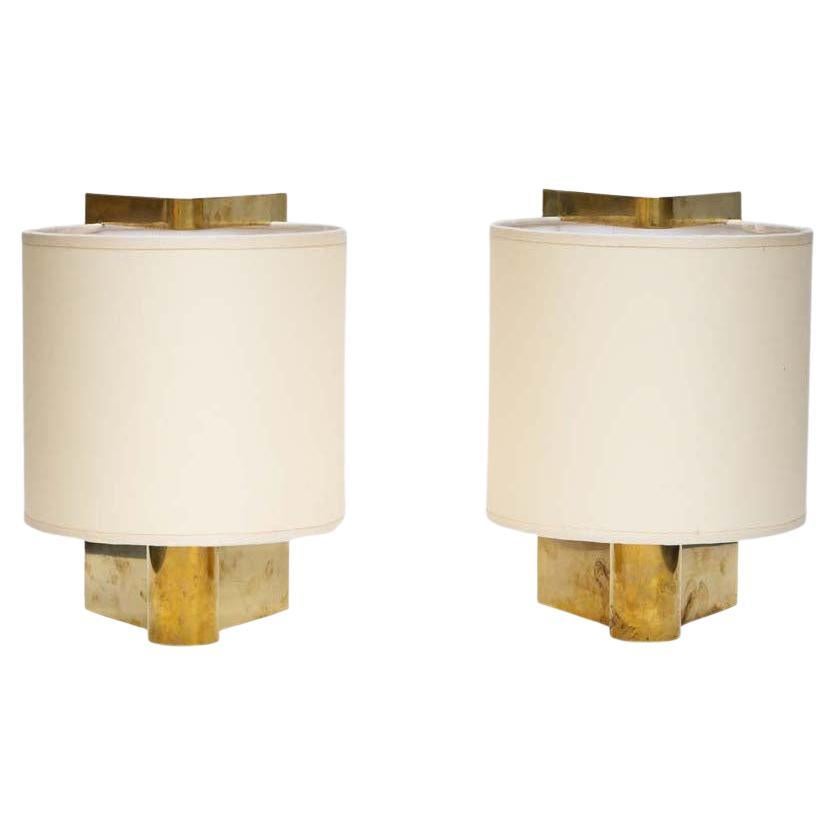 Abat-jour en tissu crème sur lampes de table en métal laiton de Giuliana Gramigna, années 1970 en vente