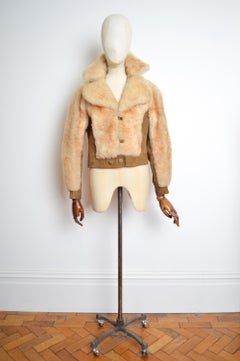 1970s Cream fluffy Shearling with Tan Suede panels Sheepskin Coat - Jacket