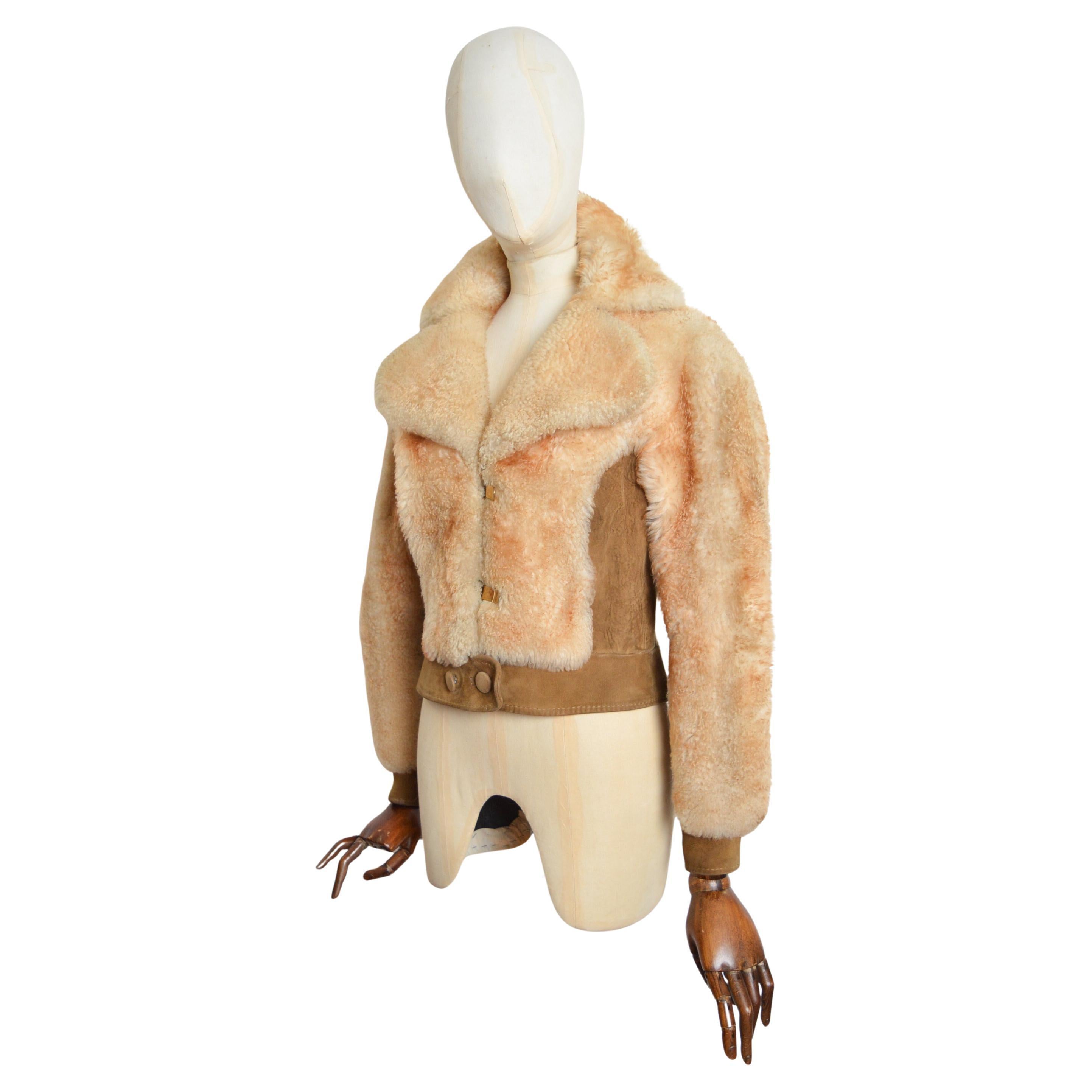 1970s Cream fluffy Shearling with Tan Suede panels Sheepskin Coat - Jacket For Sale