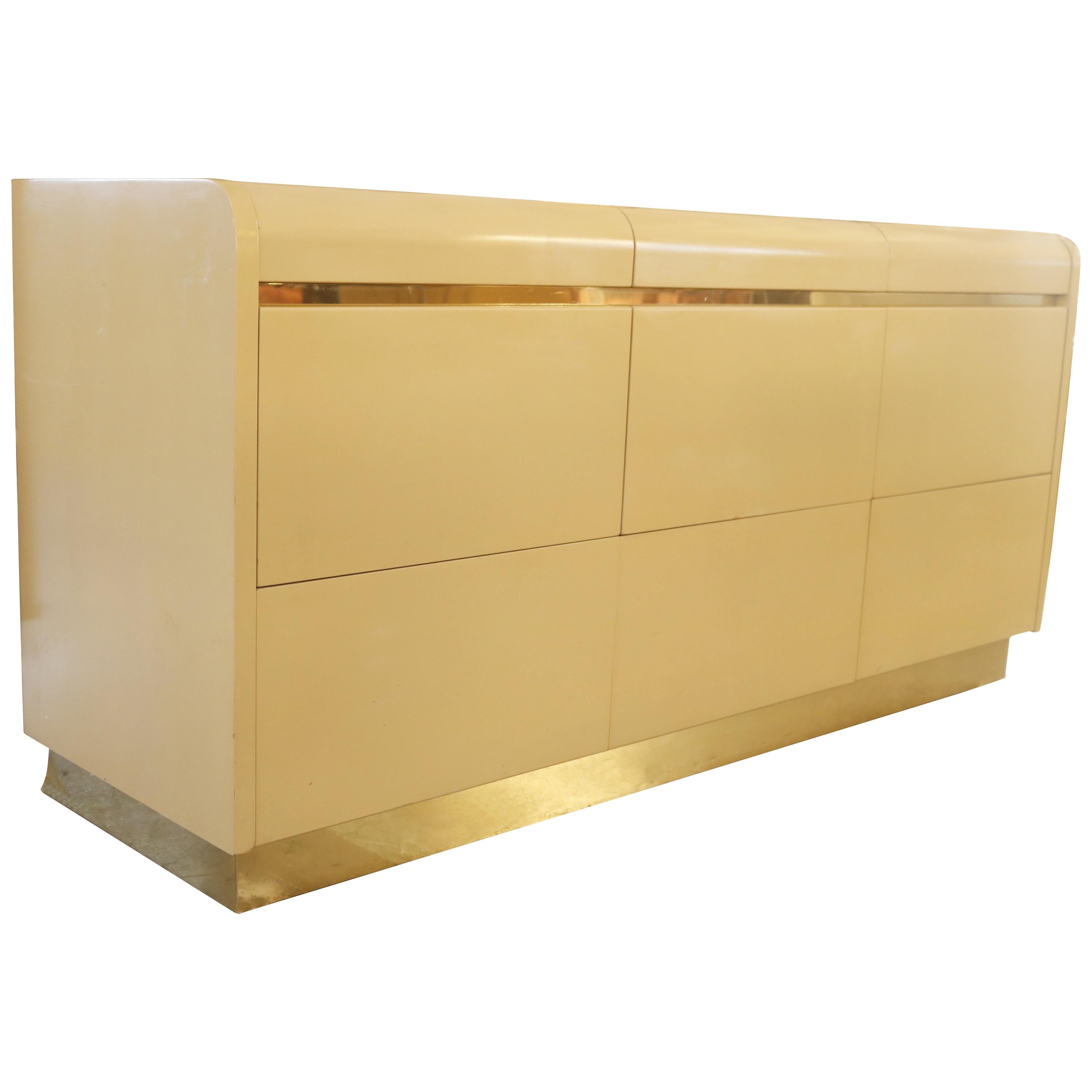 1970s Cream Lacquer and Brass Dresser by Lane