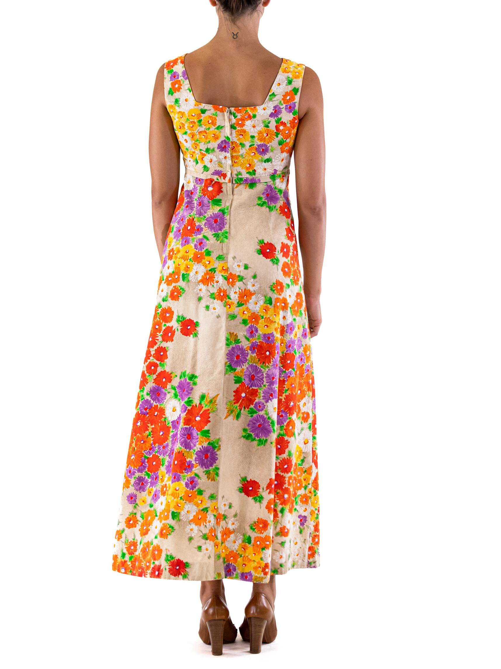 1970'S Cream Orange Flower Print Dress For Sale 4