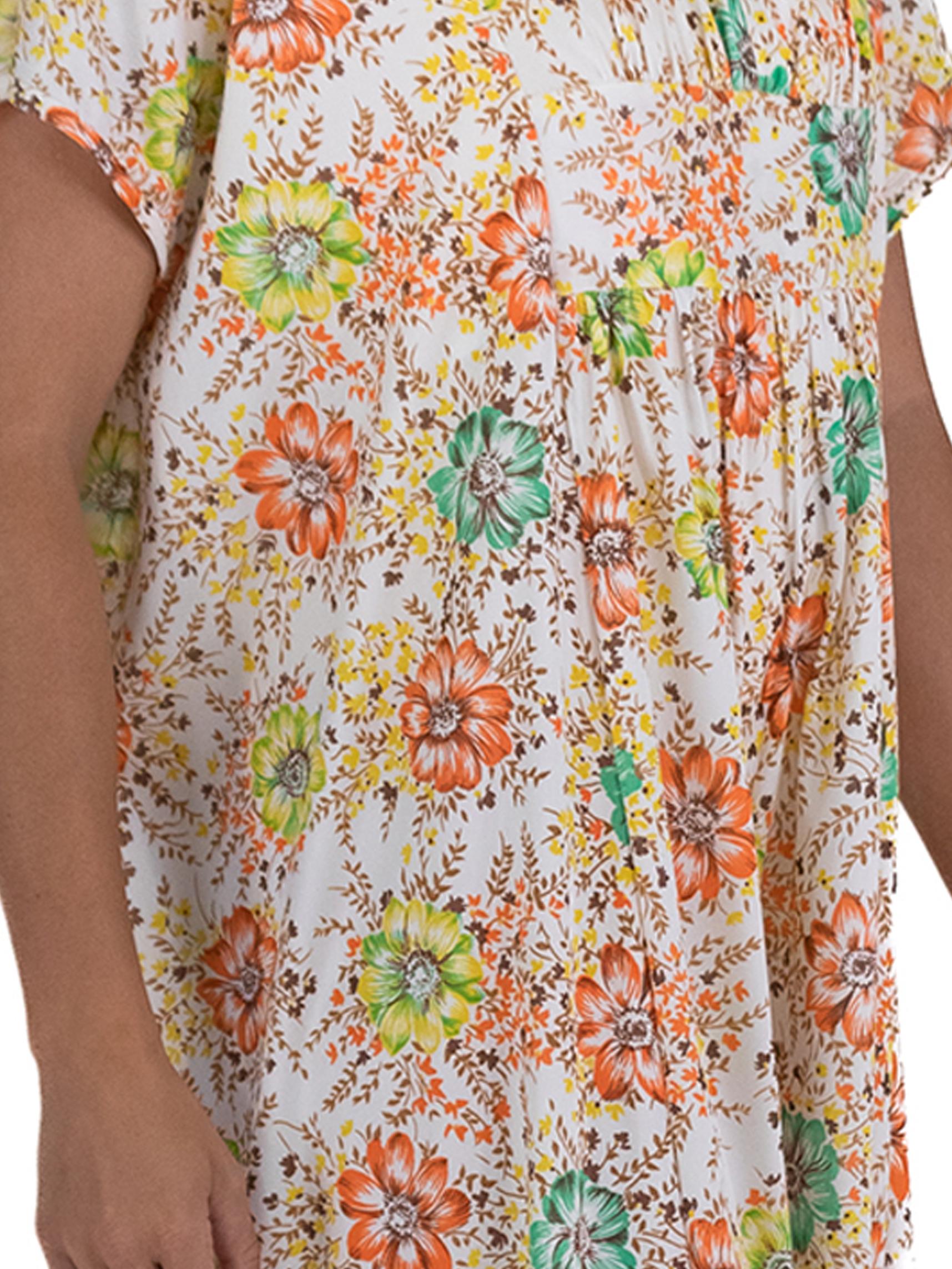 1970S Cream & Orange Polyester Jersey Floral Print Jumpsuit 2