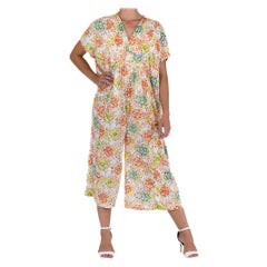 Retro 1970S Cream & Orange Polyester Jersey Floral Print Jumpsuit