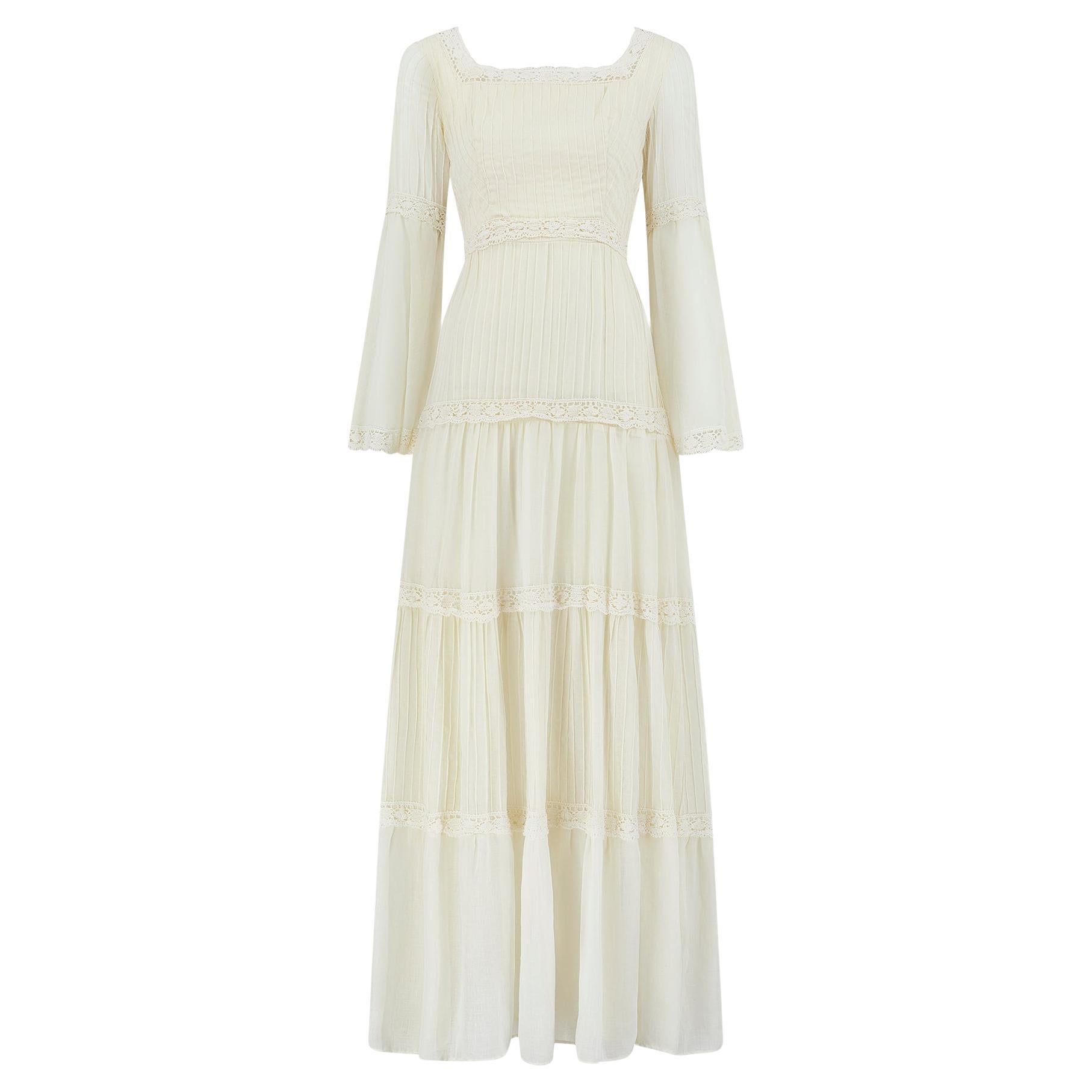 1970s Cream Pintuck and Crochet Mexican Wedding Dress For Sale
