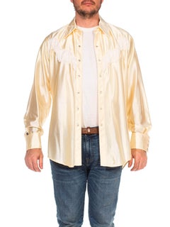 1970er Cremefarbenes Westernhemd aus Seidenmischung mit Tricot aus Jersey und glänzenden langen Ärmeln