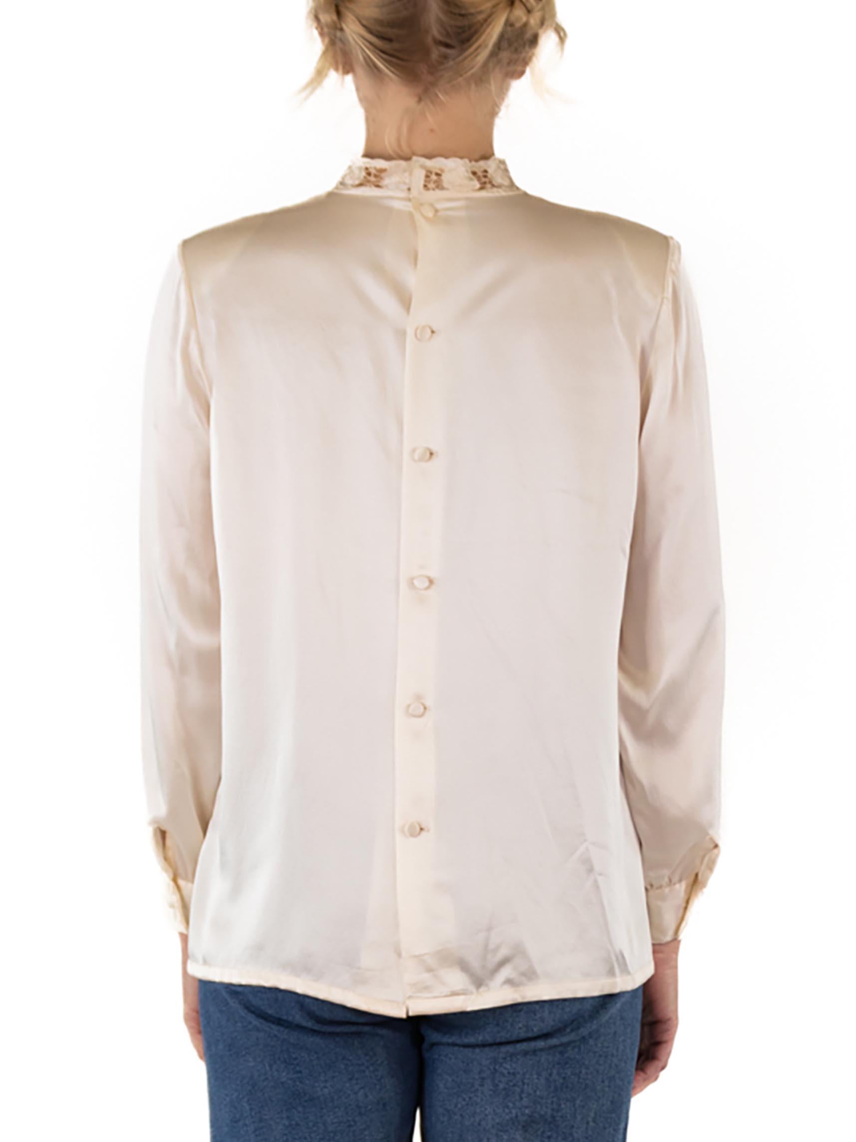 1970S Cream Silk Crepe De Chine Hand Embroidered Blouse For Sale 1