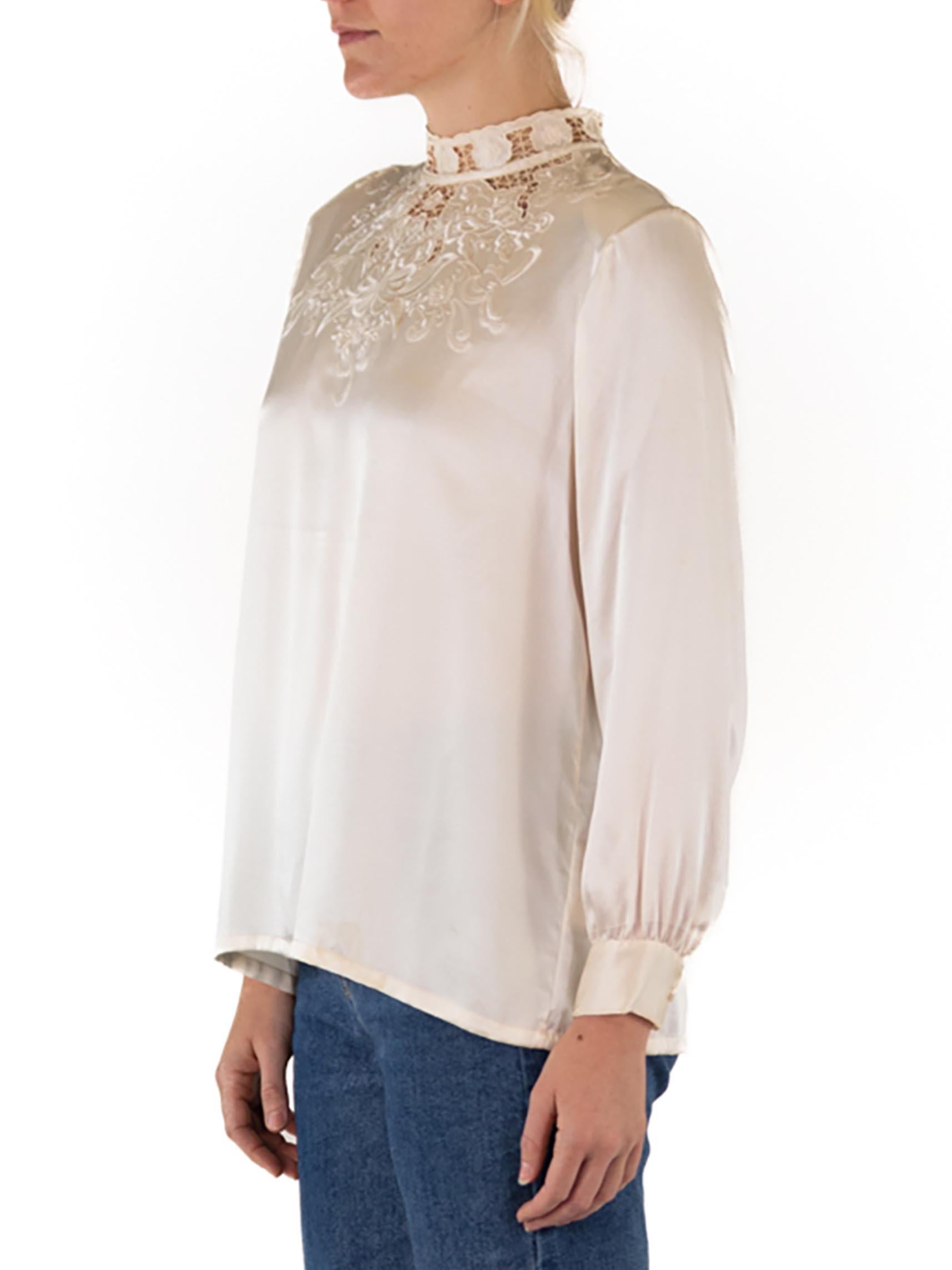 1970S Cream Silk Crepe De Chine Hand Embroidered Blouse For Sale 2