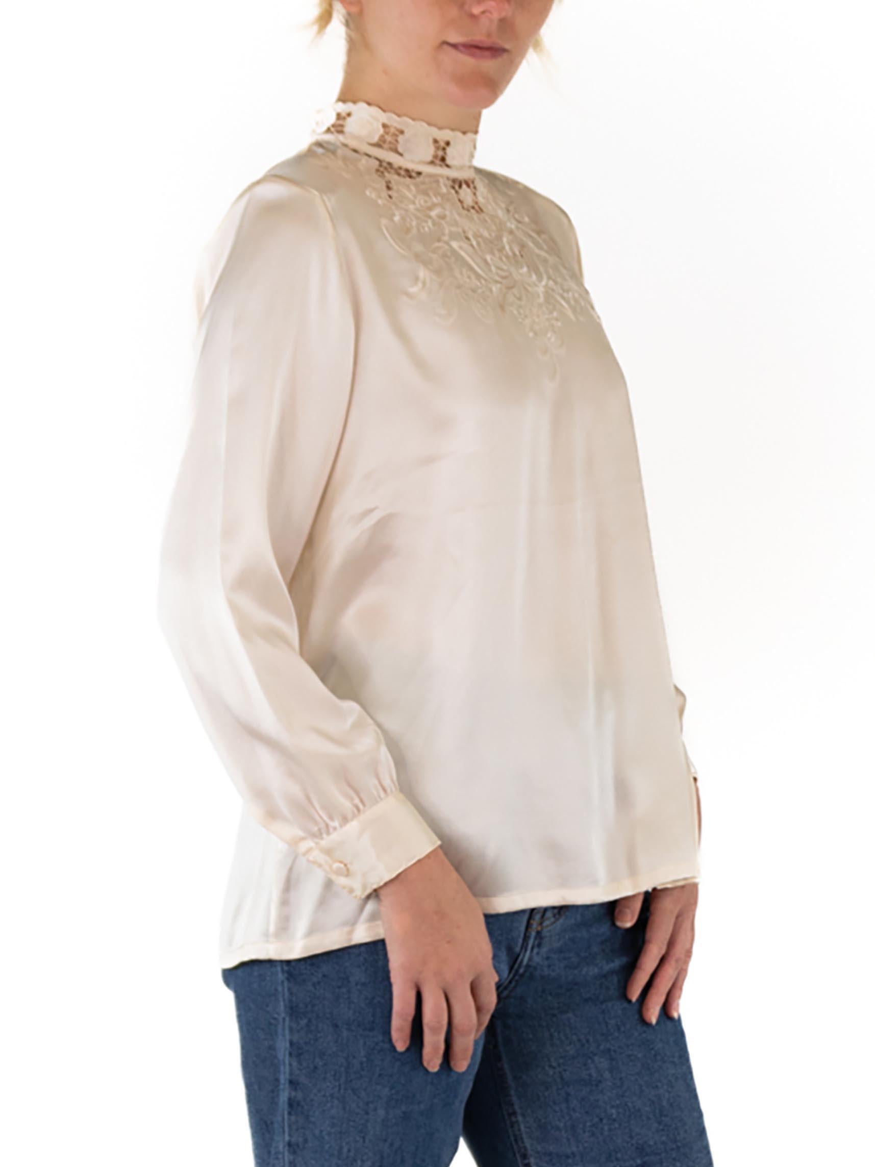 1970S Cream Silk Crepe De Chine Hand Embroidered Blouse For Sale 5