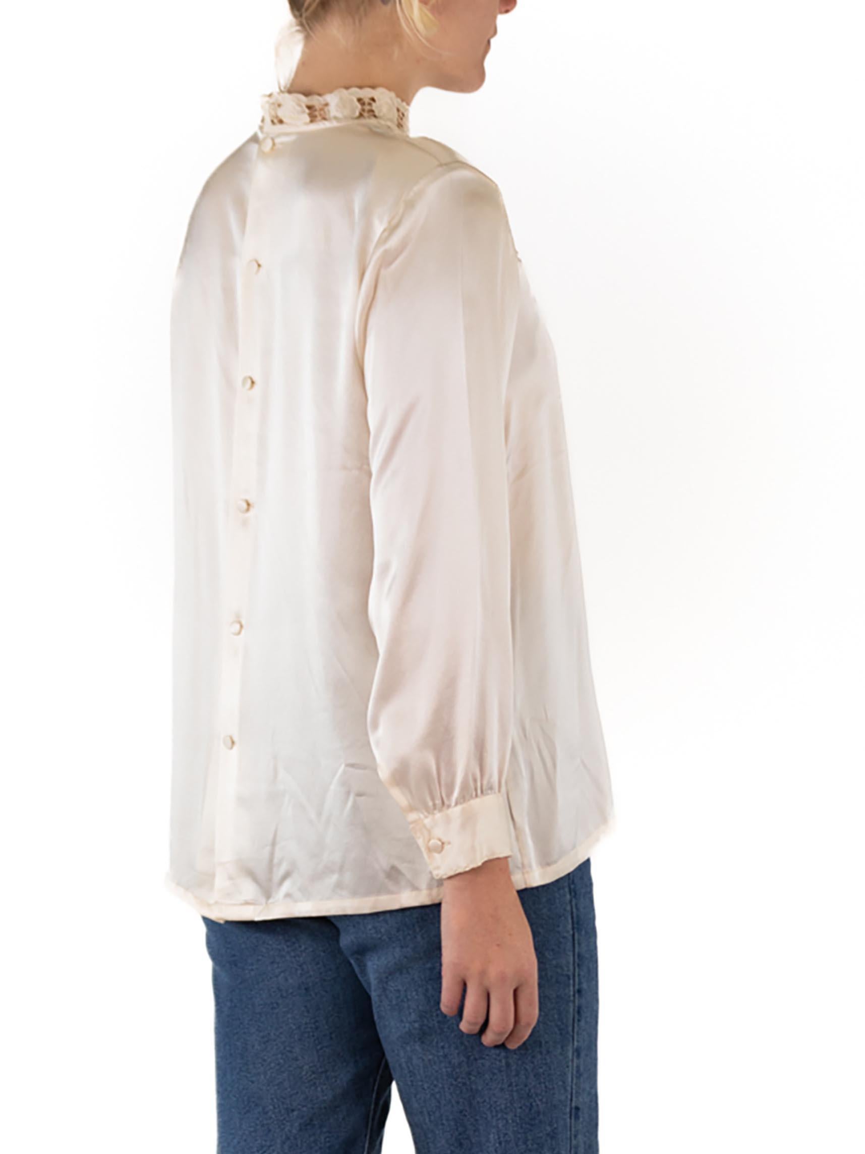 1970S Cream Silk Crepe De Chine Hand Embroidered Blouse For Sale 6