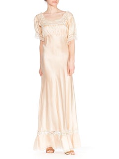 1940S Blush Pink Bias Cut Silk Charmeuse  Slip Dress With Puff Sleeves & Lace