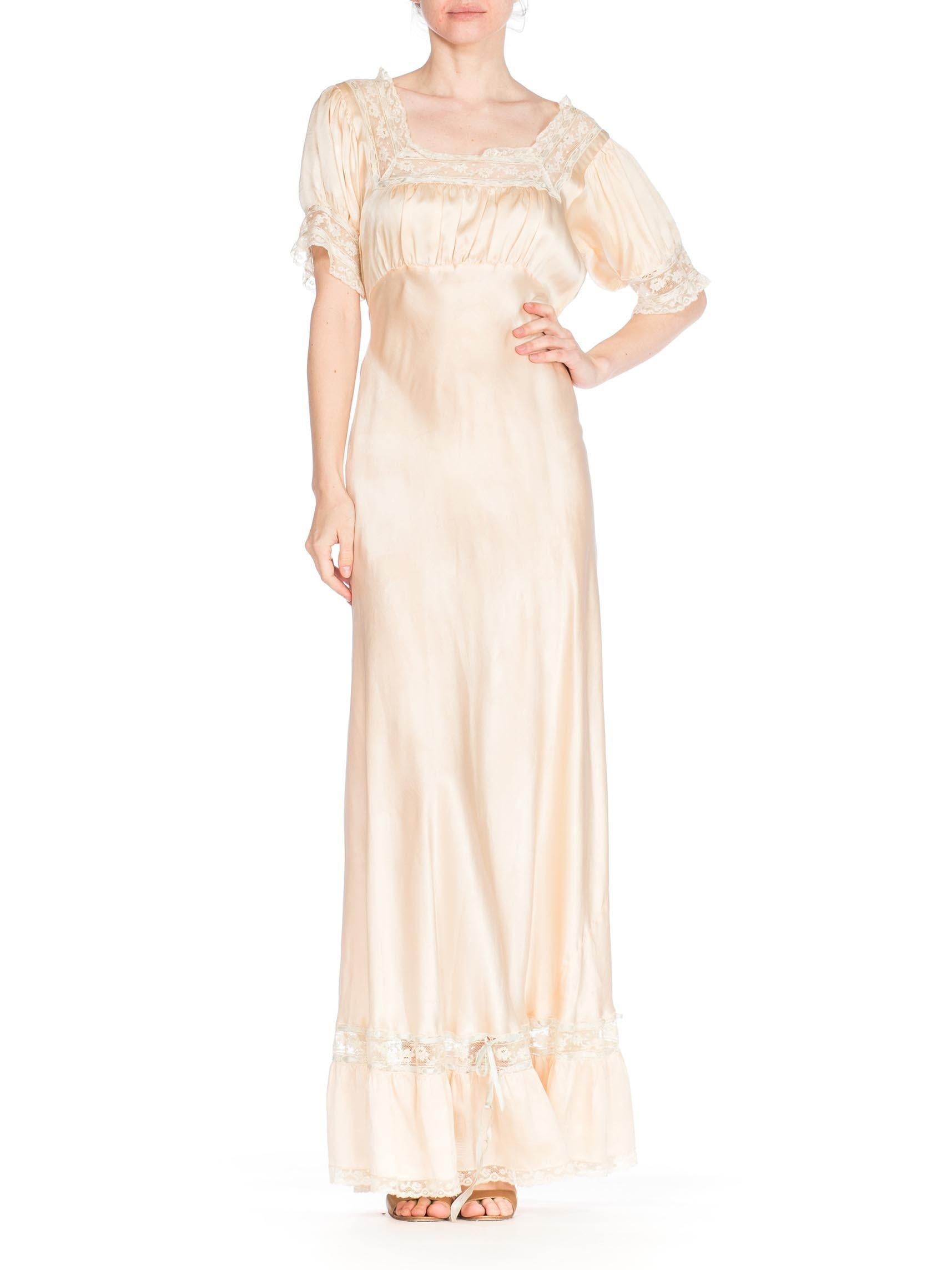 1940S Blush Pink Bias Cut Silk Charmeuse  Slip Dress With Puff Sleeves & Lace In Excellent Condition In New York, NY