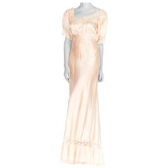 1940S Blush Pink Bias Cut Silk Charmeuse  Slip Dress With Puff Sleeves & Lace