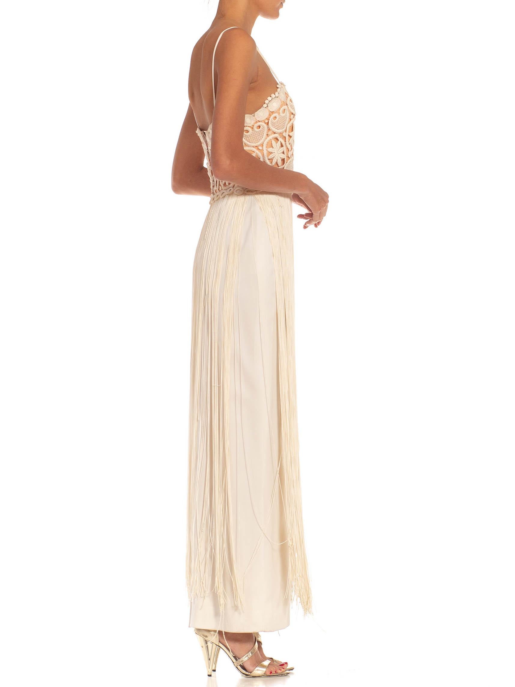 Beige 1970S Cream & Tan Lace Fringe Gown For Sale