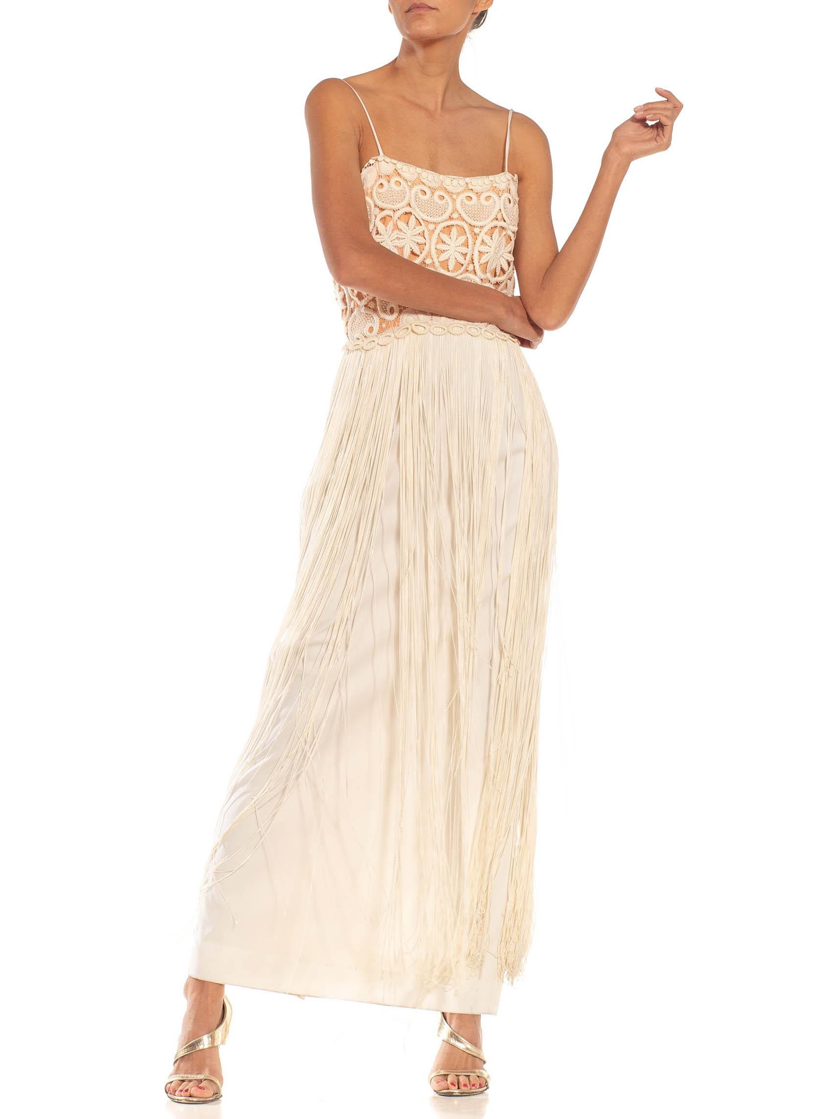 1970S Cream & Tan Lace Fringe Gown In Excellent Condition For Sale In New York, NY
