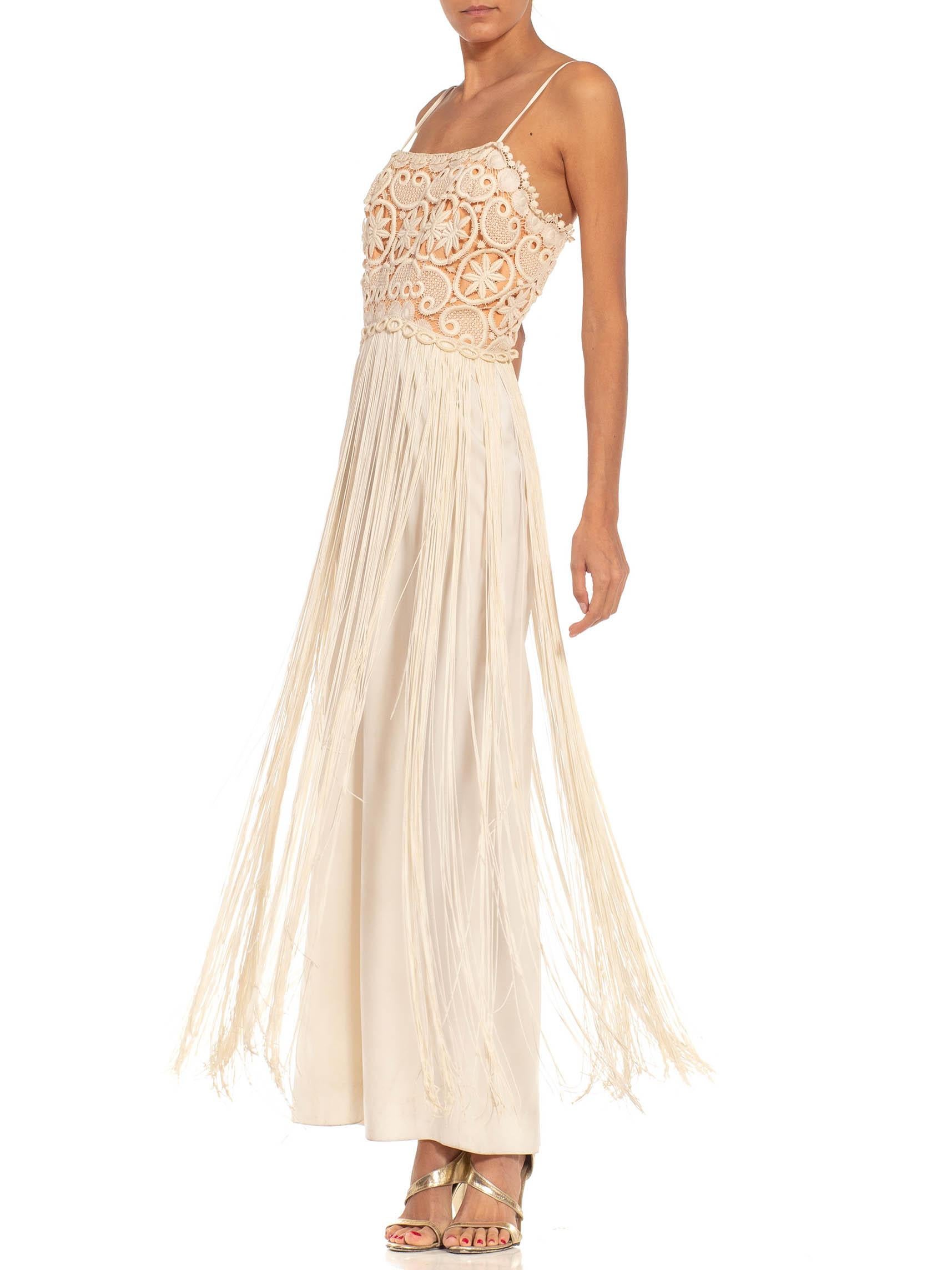 Women's 1970S Cream & Tan Lace Fringe Gown For Sale