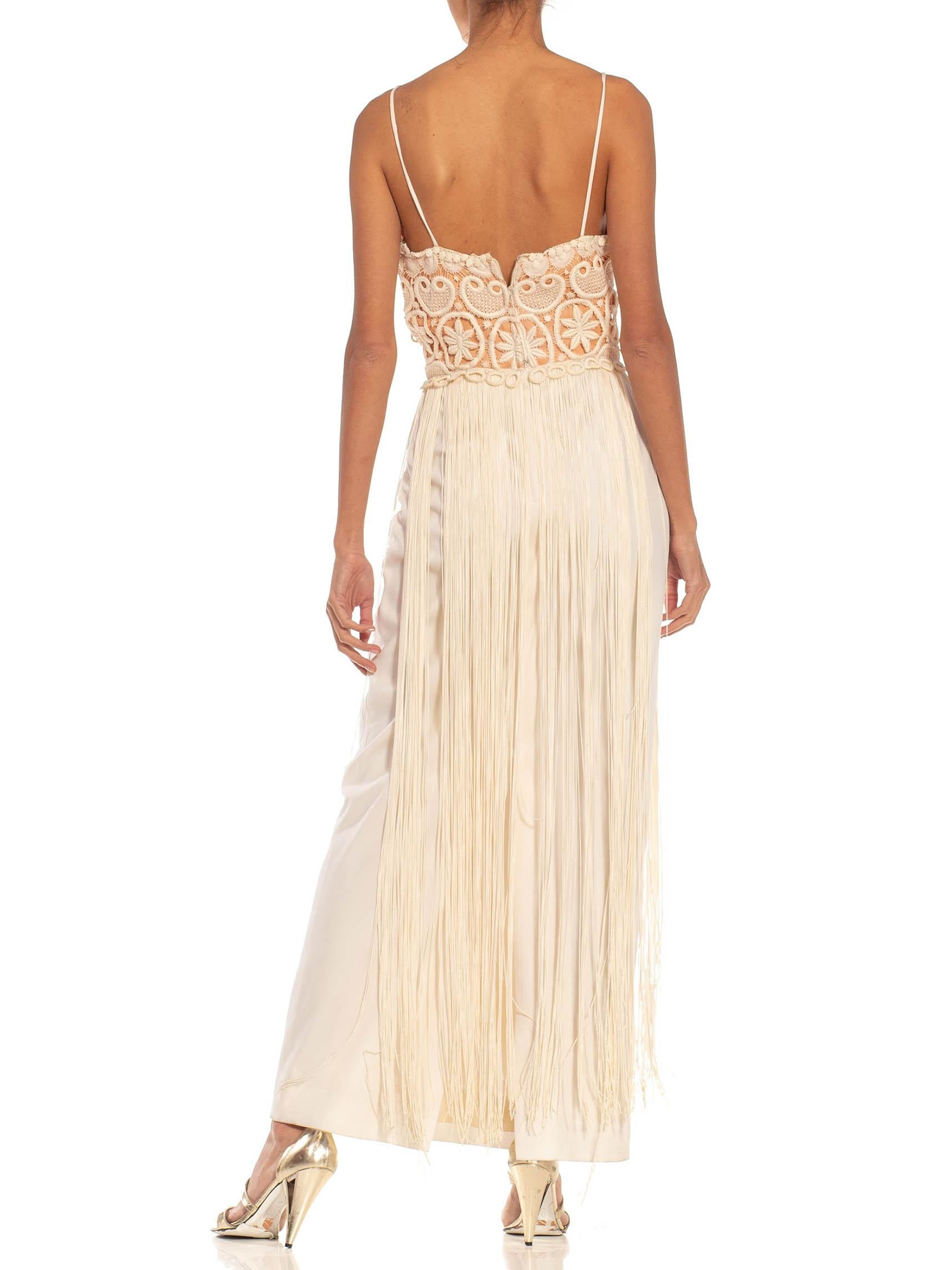 1970S Cream & Tan Lace Fringe Gown For Sale 1