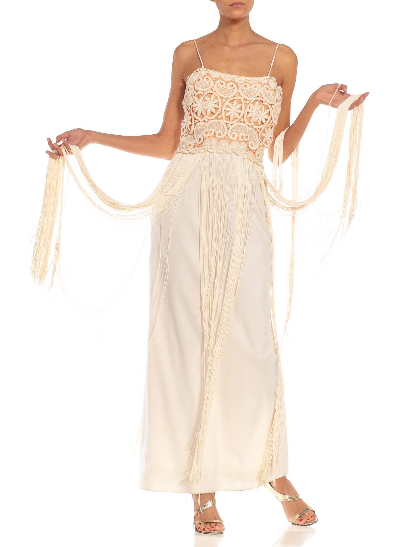 1970S Cream & Tan Lace Fringe Gown For Sale 3