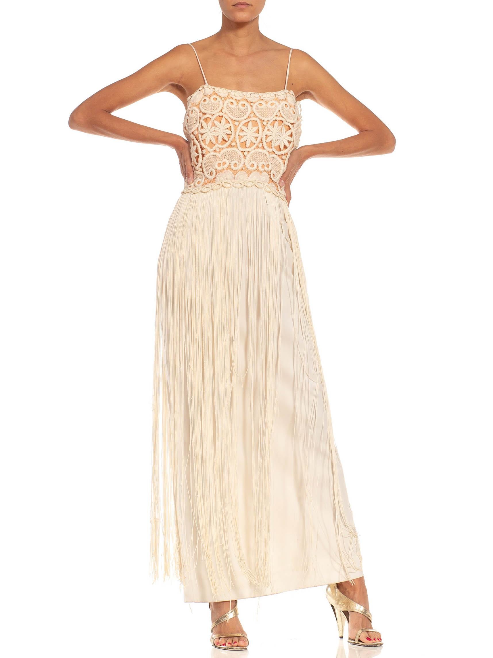 1970S Cream & Tan Lace Fringe Gown For Sale 4