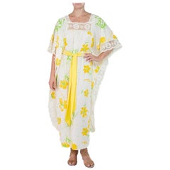 Vintage 1970S Cream & Yellow Cotton Floral Print Kaftan