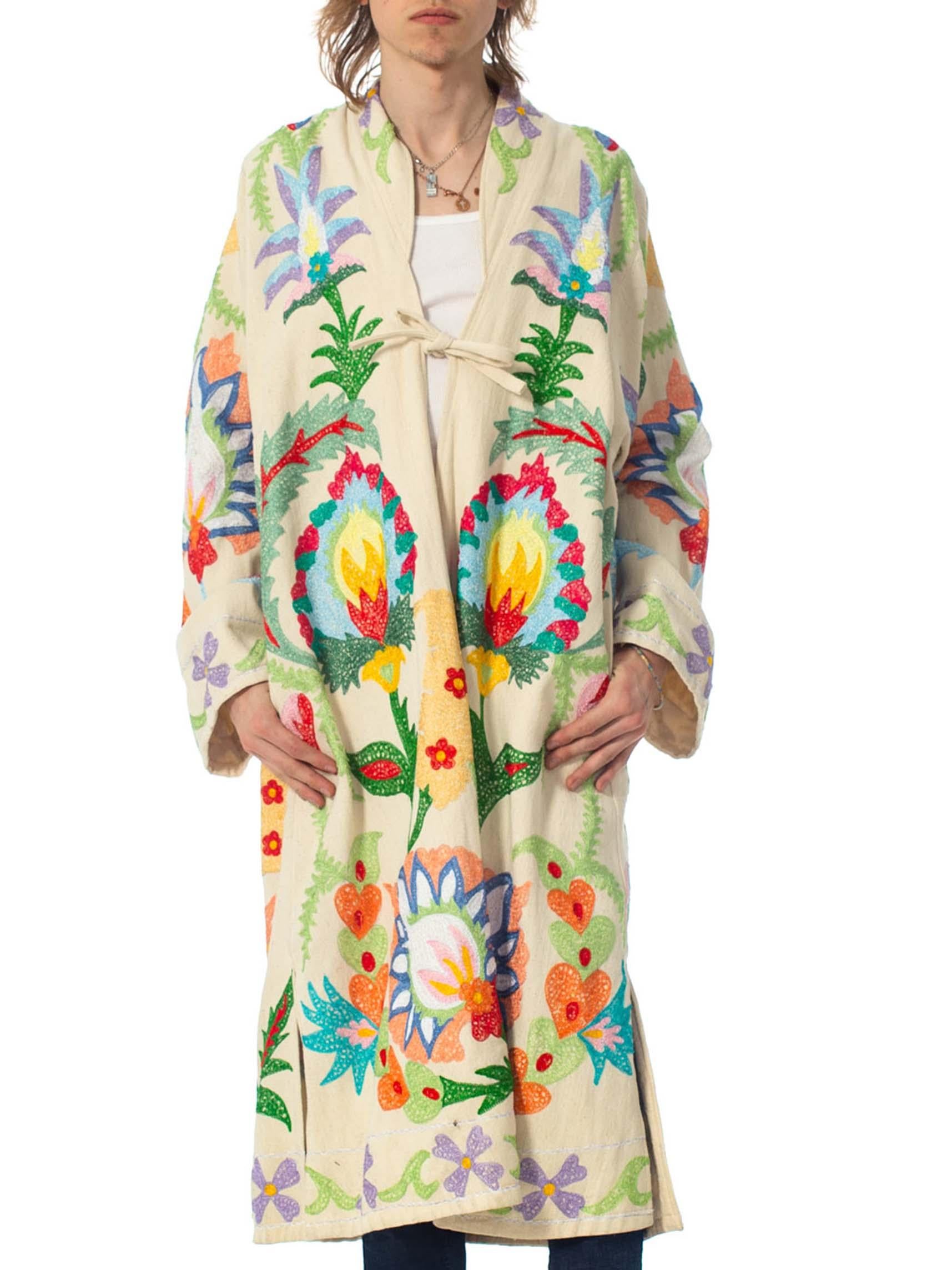 Beige 1970S Creme Embroidered Cotton Duster Coat