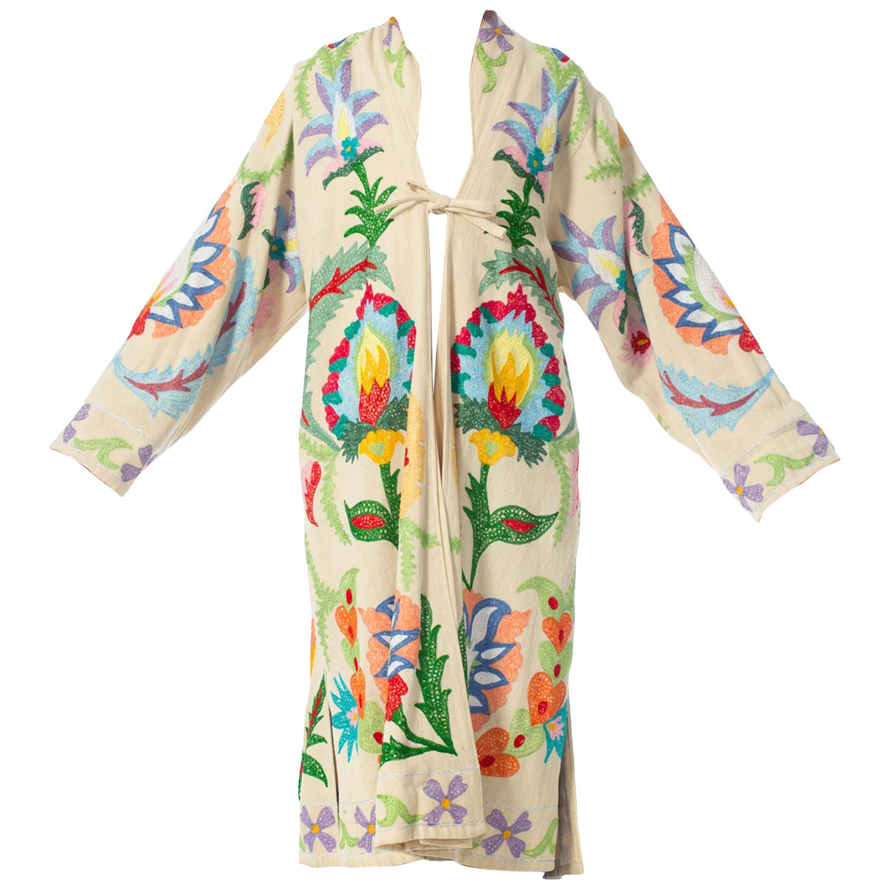 1970S Creme Embroidered Cotton Duster Coat