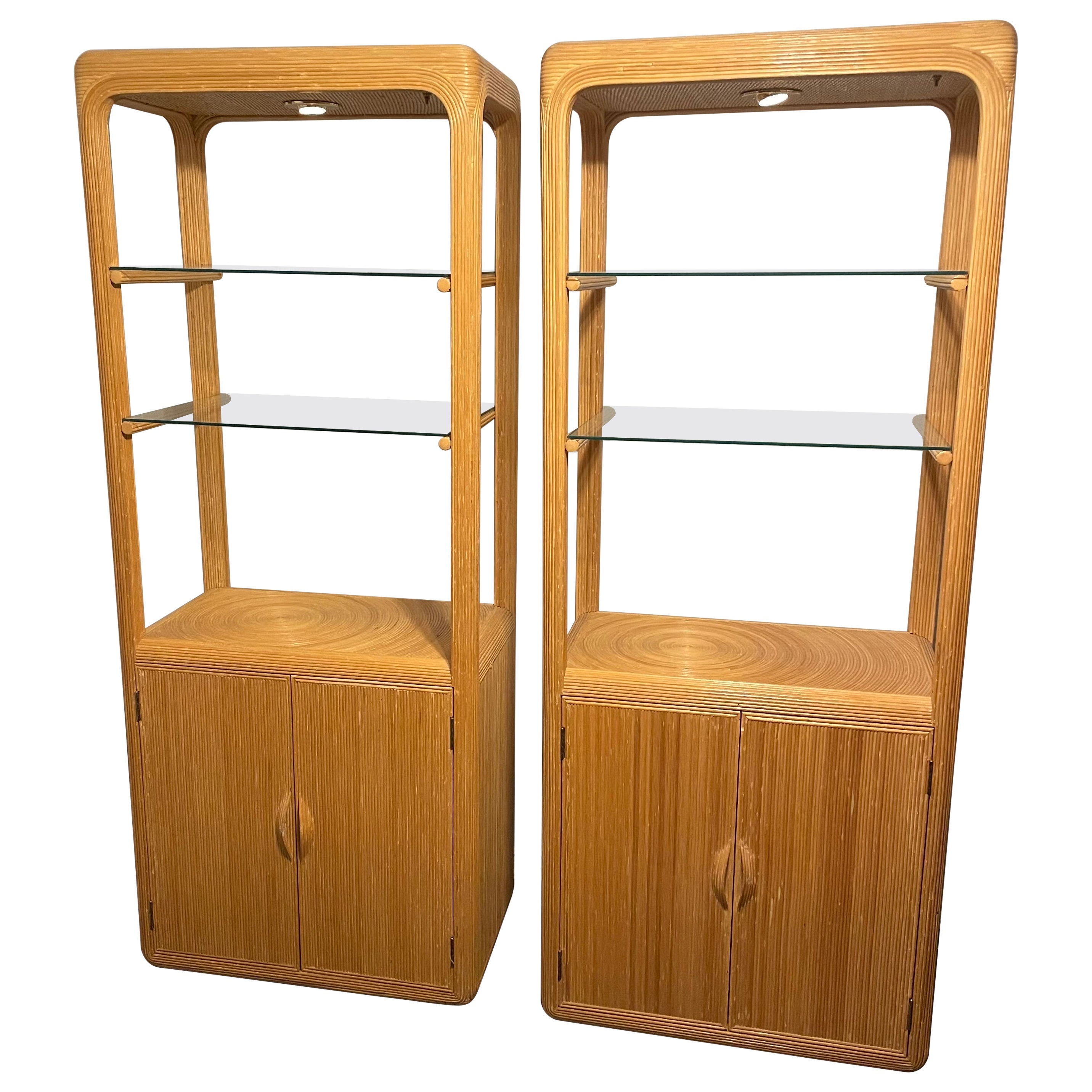 1970s Crespi Style Pencil Reed Lighted Etagere, a Pair