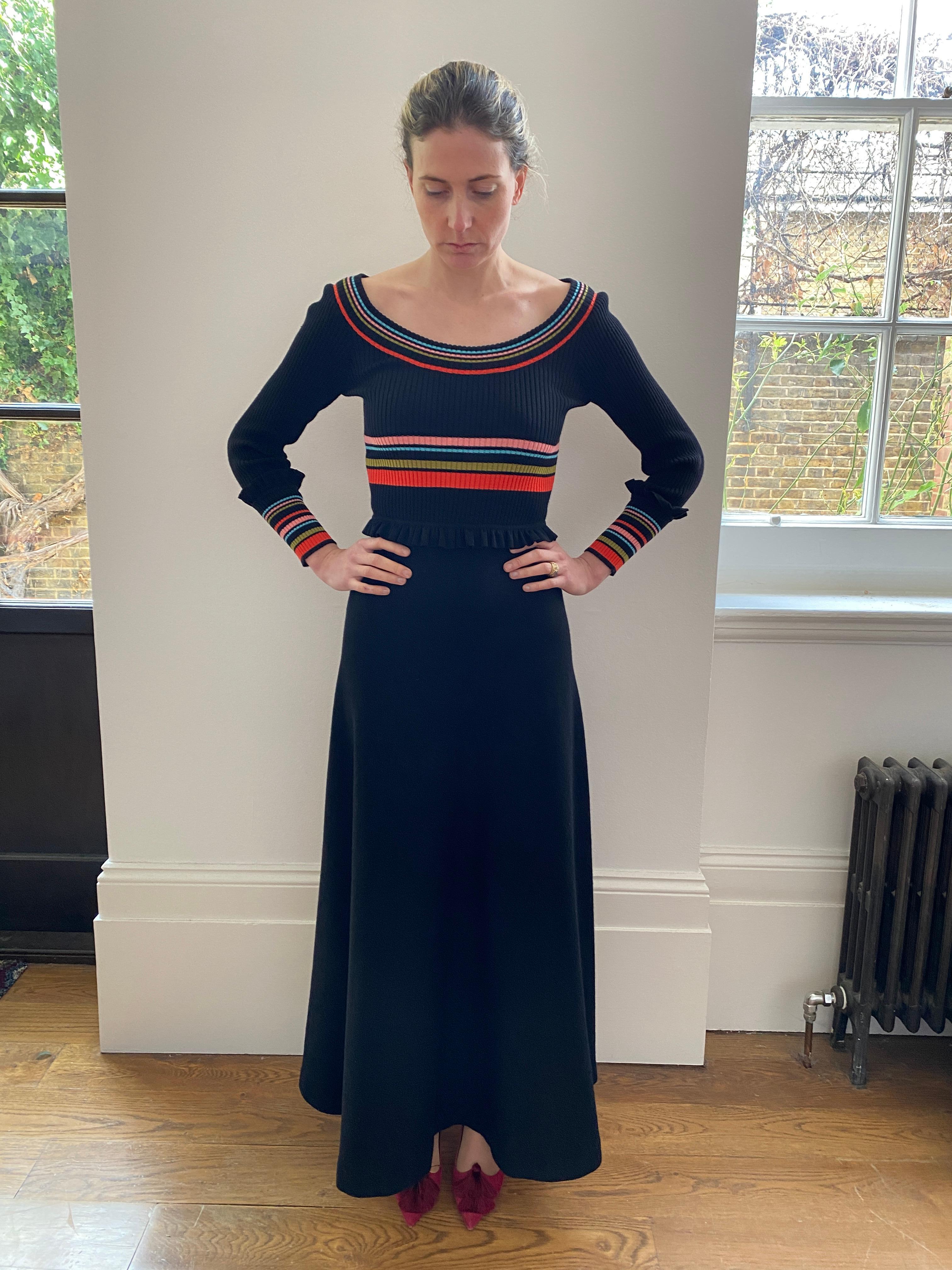 1970s Crissa Black Jersey Knit Wool Ribbed Maxi Dress With A Line Skirt For Sale 2